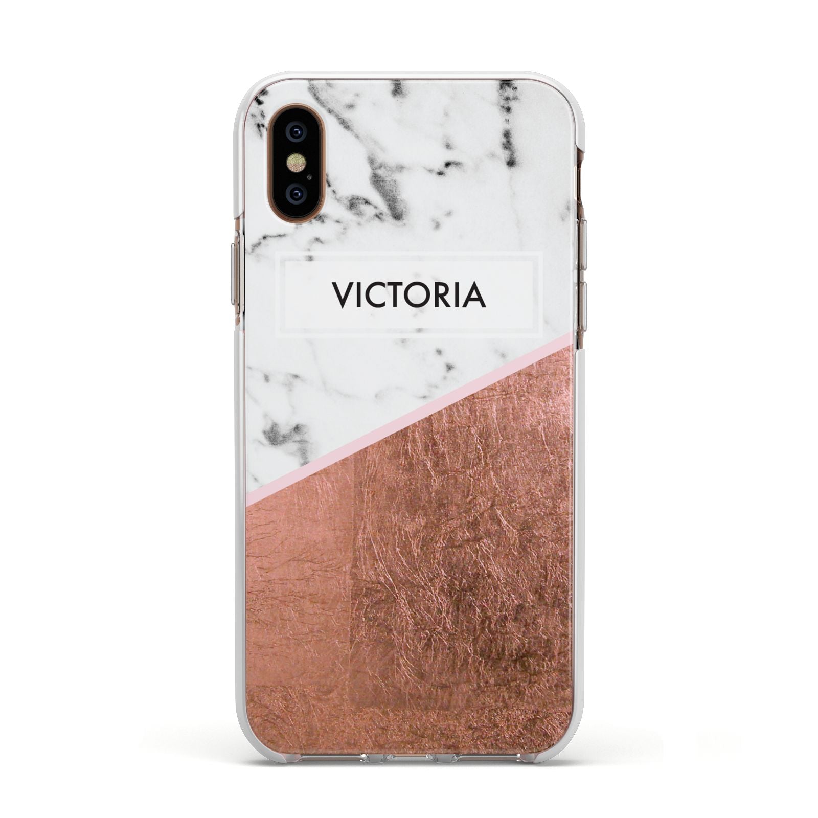 Personalised Marble Rose Gold Name Initials Apple iPhone Xs Impact Case White Edge on Gold Phone