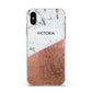 Personalised Marble Rose Gold Name Initials Apple iPhone Xs Impact Case White Edge on Silver Phone