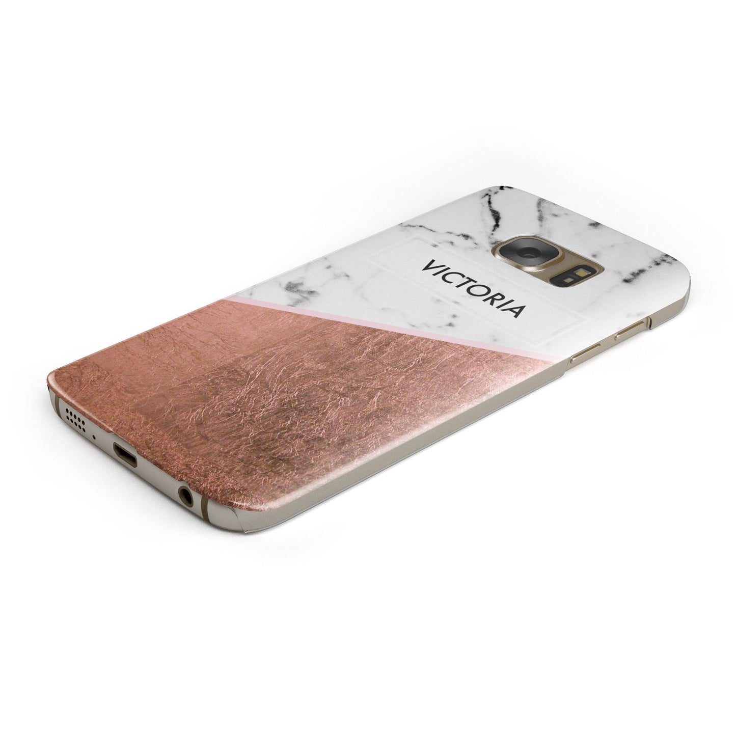 Personalised Marble Rose Gold Name Initials Protective Samsung Galaxy Case Angled Image