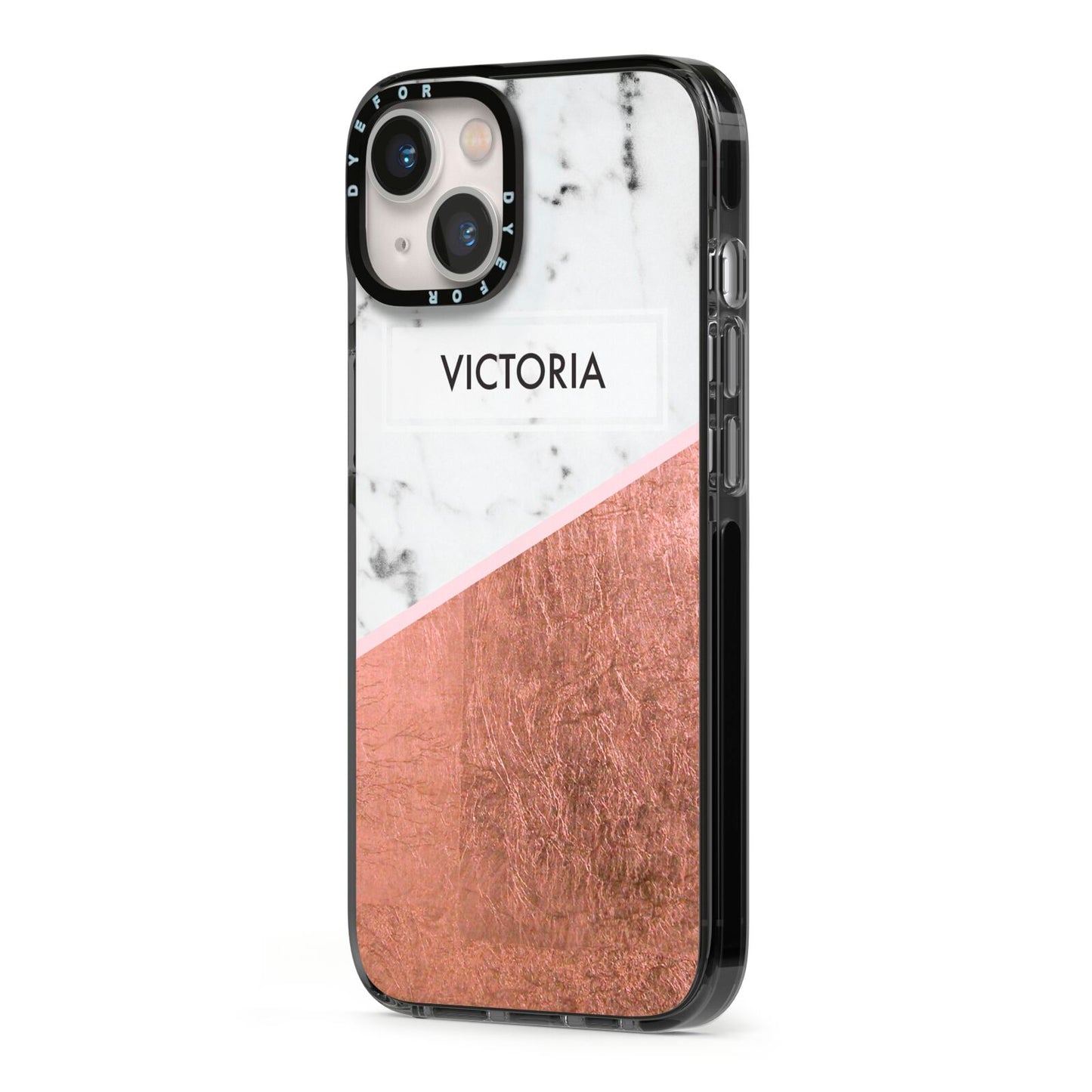 Personalised Marble Rose Gold Name Initials iPhone 13 Black Impact Case Side Angle on Silver phone