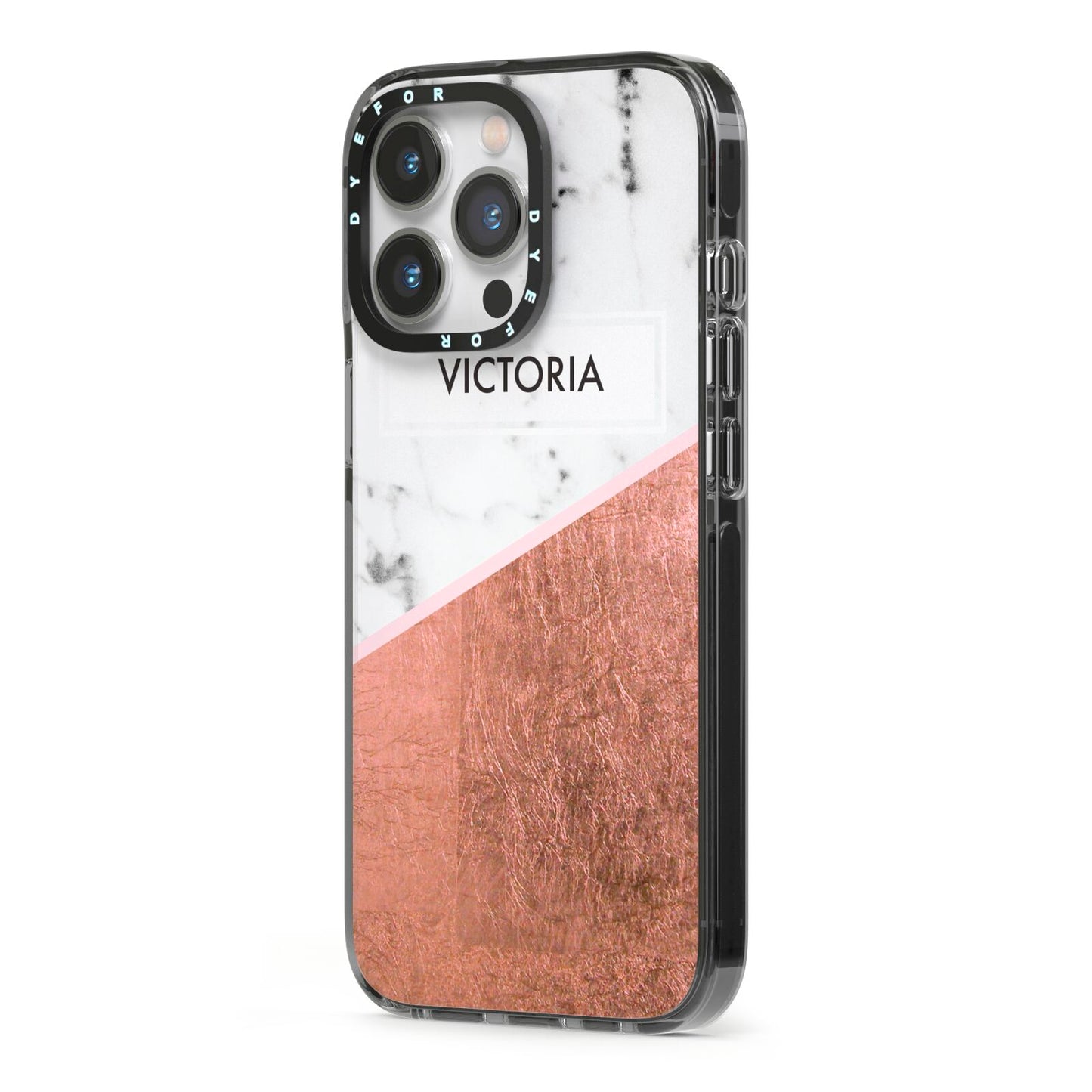 Personalised Marble Rose Gold Name Initials iPhone 13 Pro Black Impact Case Side Angle on Silver phone