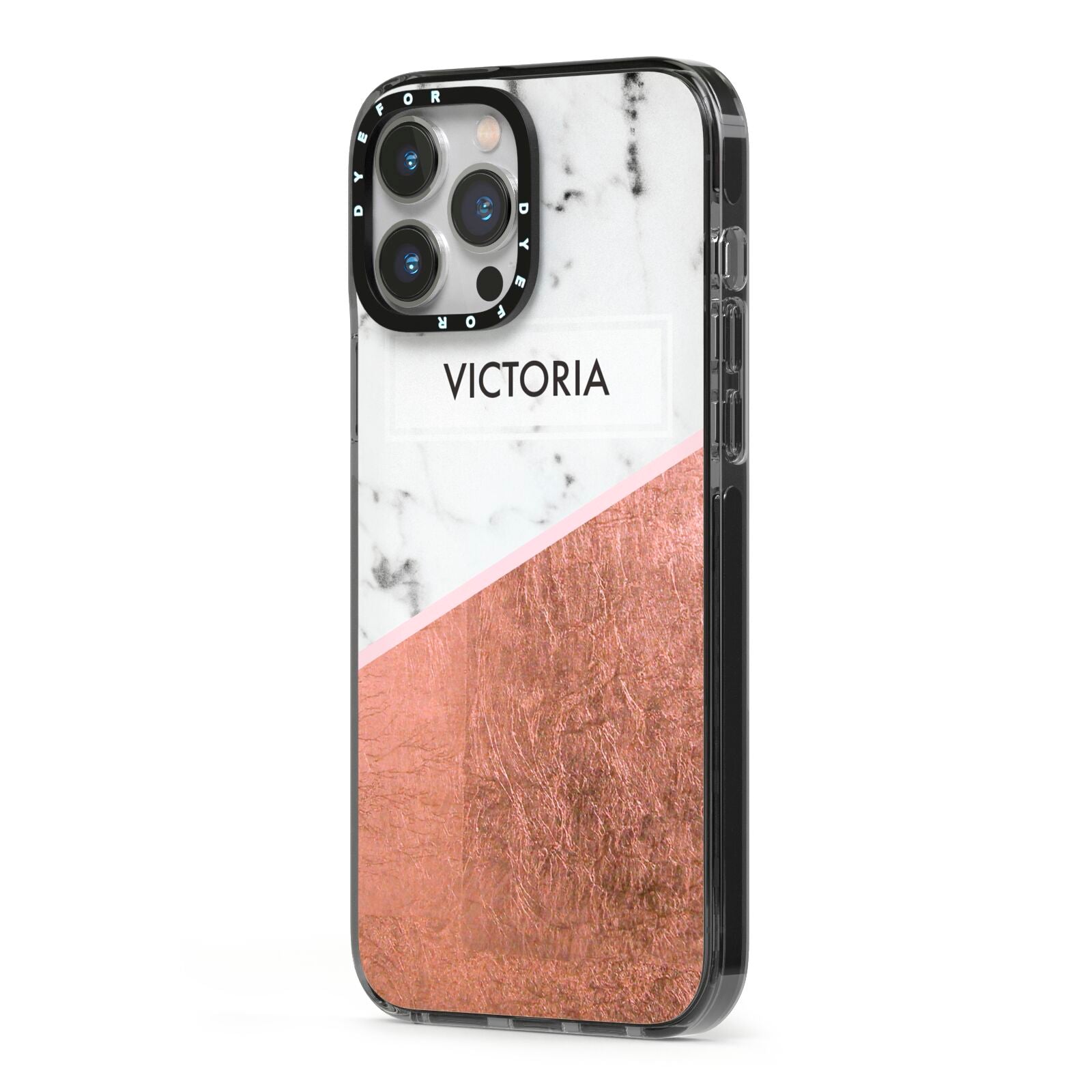 Personalised Marble Rose Gold Name Initials iPhone 13 Pro Max Black Impact Case Side Angle on Silver phone