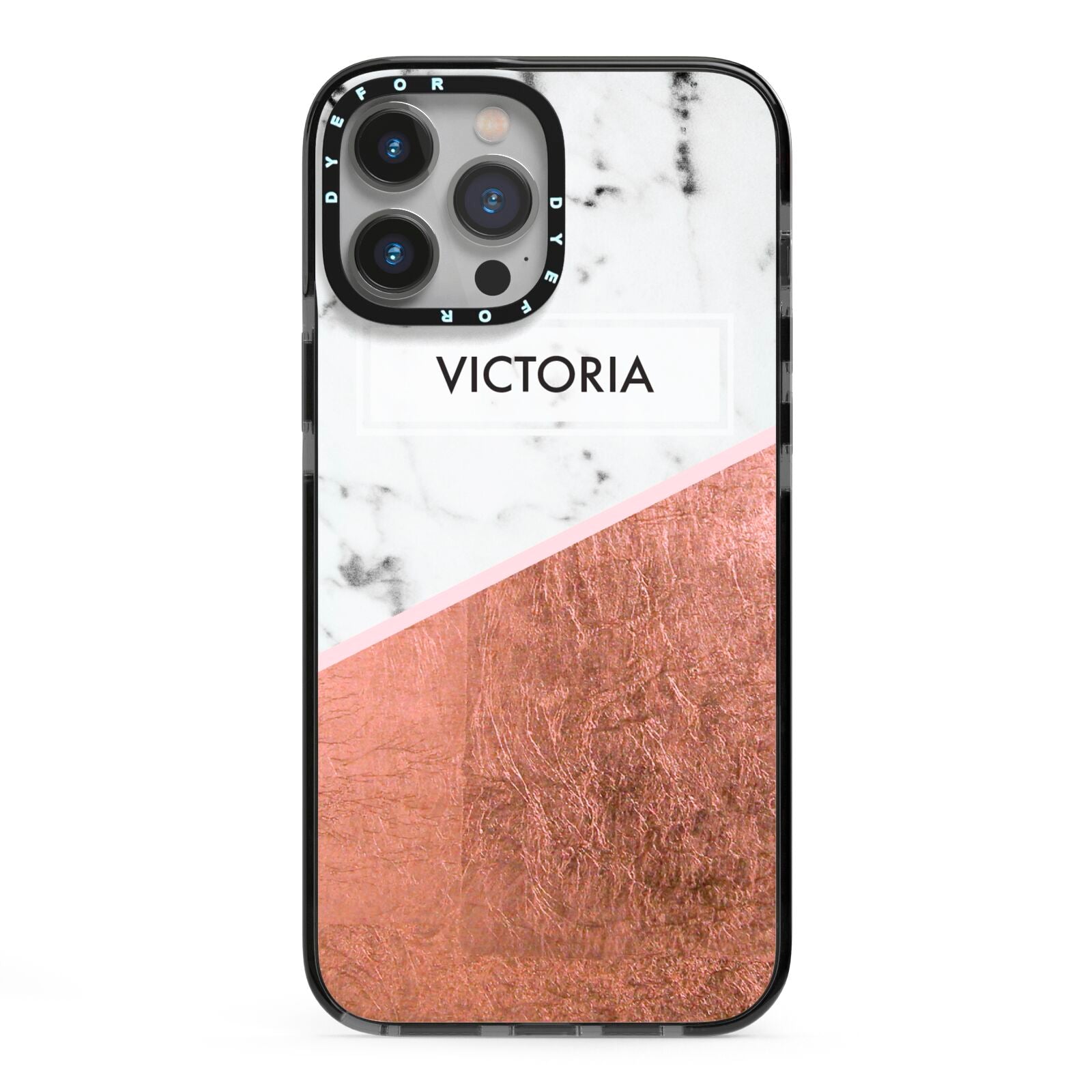 Personalised Marble Rose Gold Name Initials iPhone 13 Pro Max Black Impact Case on Silver phone