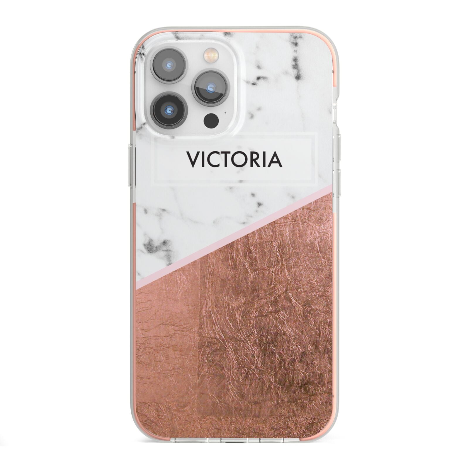 Personalised Marble Rose Gold Name Initials iPhone 13 Pro Max TPU Impact Case with Pink Edges