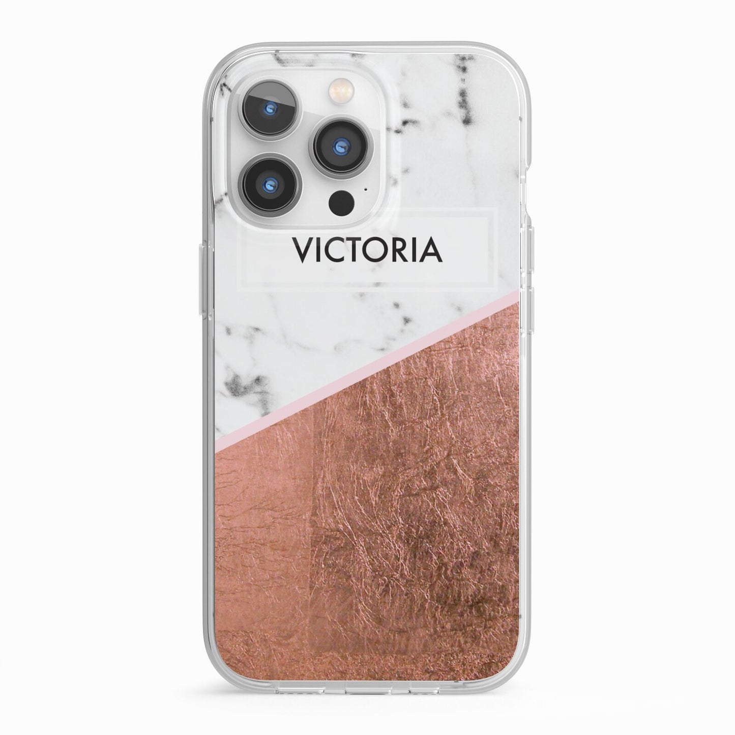 Personalised Marble Rose Gold Name Initials iPhone 13 Pro TPU Impact Case with White Edges