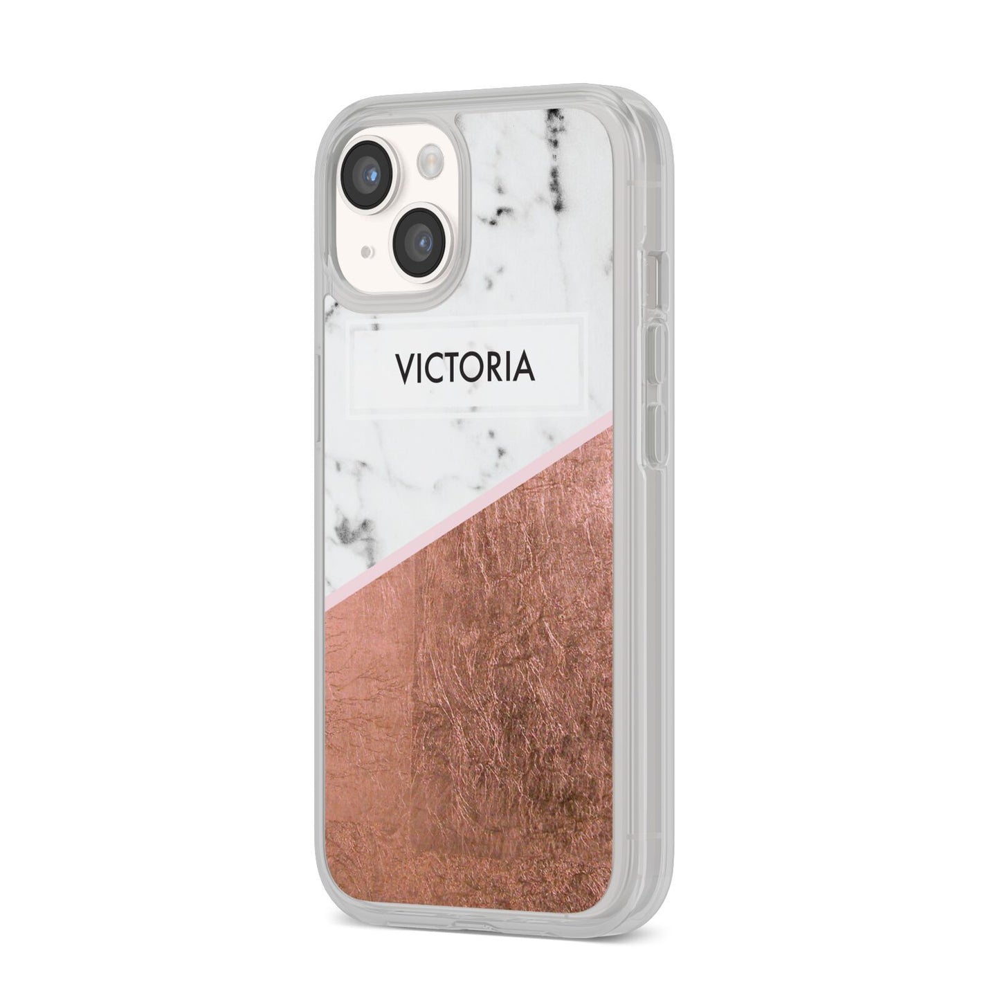 Personalised Marble Rose Gold Name Initials iPhone 14 Clear Tough Case Starlight Angled Image