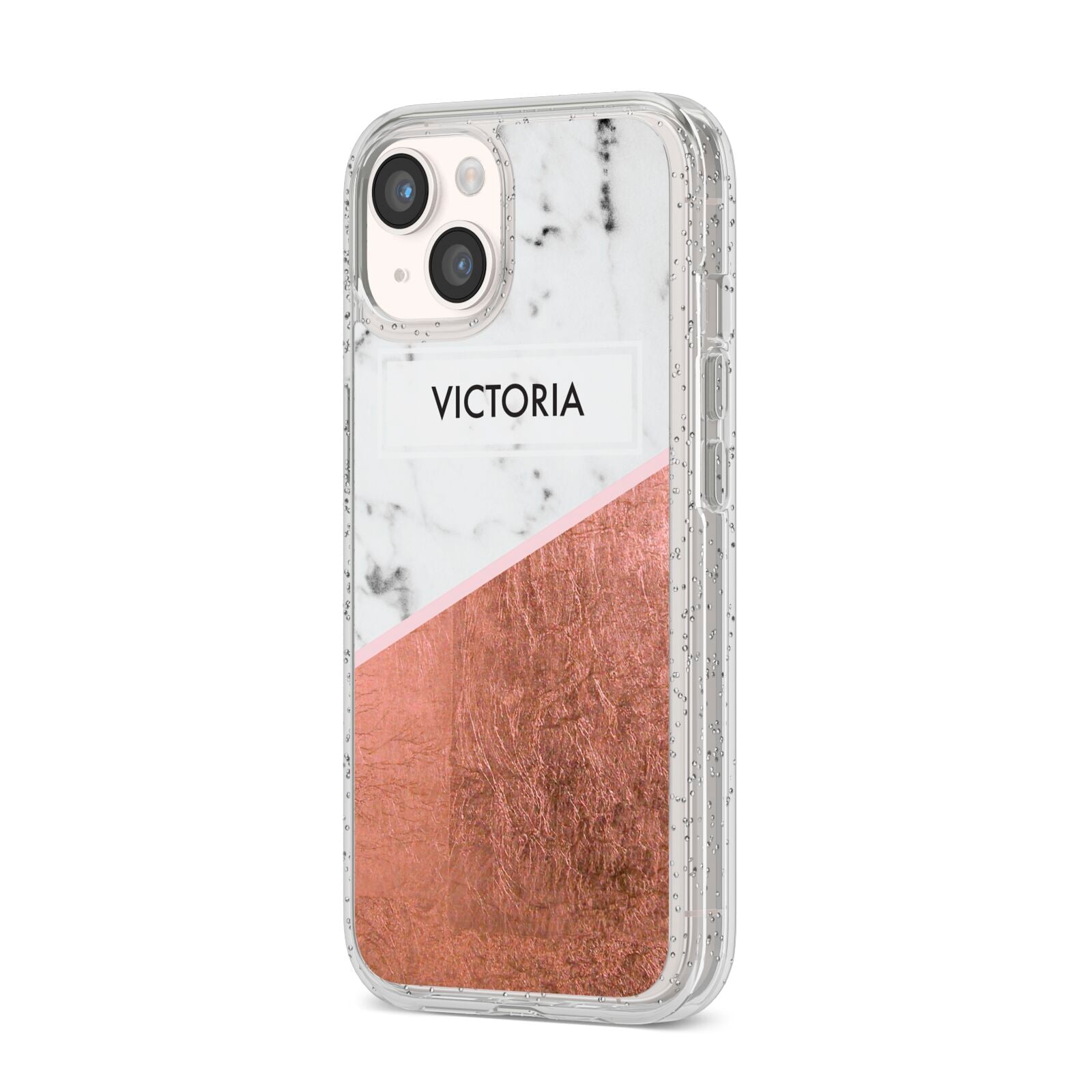Personalised Marble Rose Gold Name Initials iPhone 14 Glitter Tough Case Starlight Angled Image