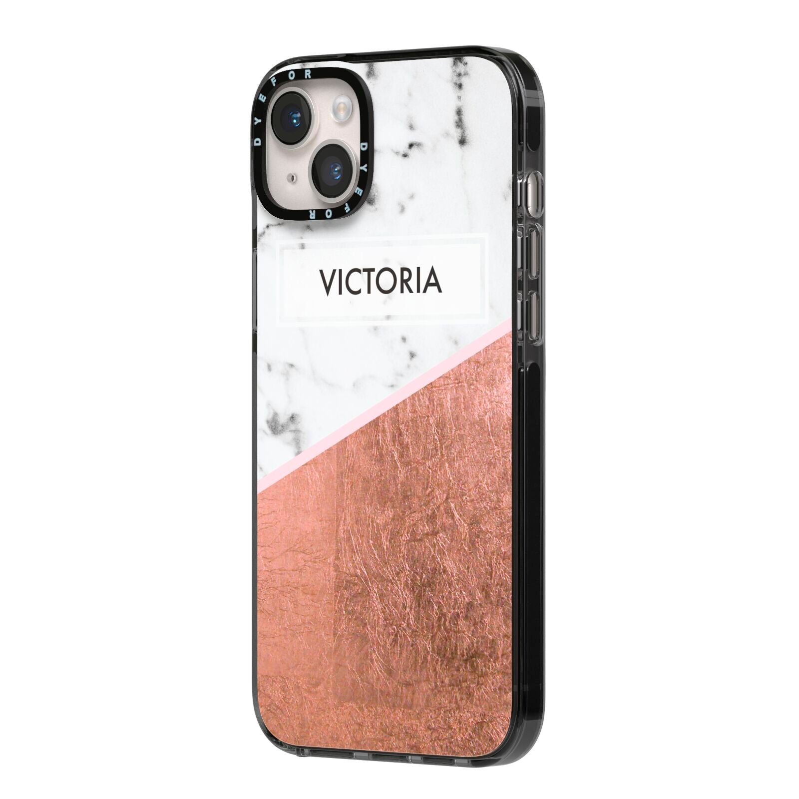 Personalised Marble Rose Gold Name Initials iPhone 14 Plus Black Impact Case Side Angle on Silver phone