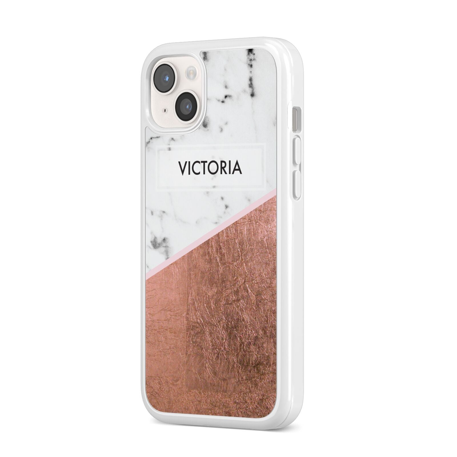 Personalised Marble Rose Gold Name Initials iPhone 14 Plus Clear Tough Case Starlight Angled Image