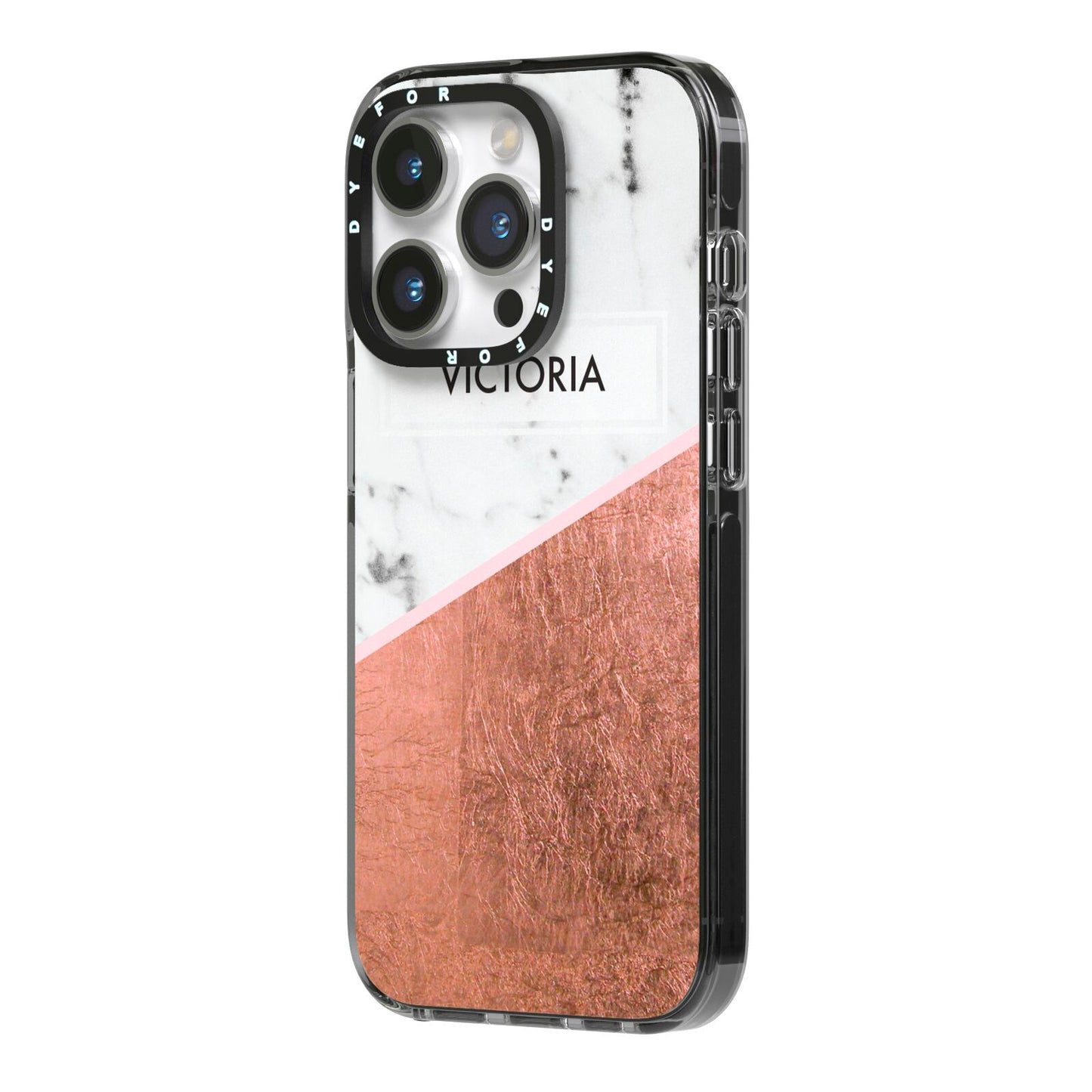 Personalised Marble Rose Gold Name Initials iPhone 14 Pro Black Impact Case Side Angle on Silver phone