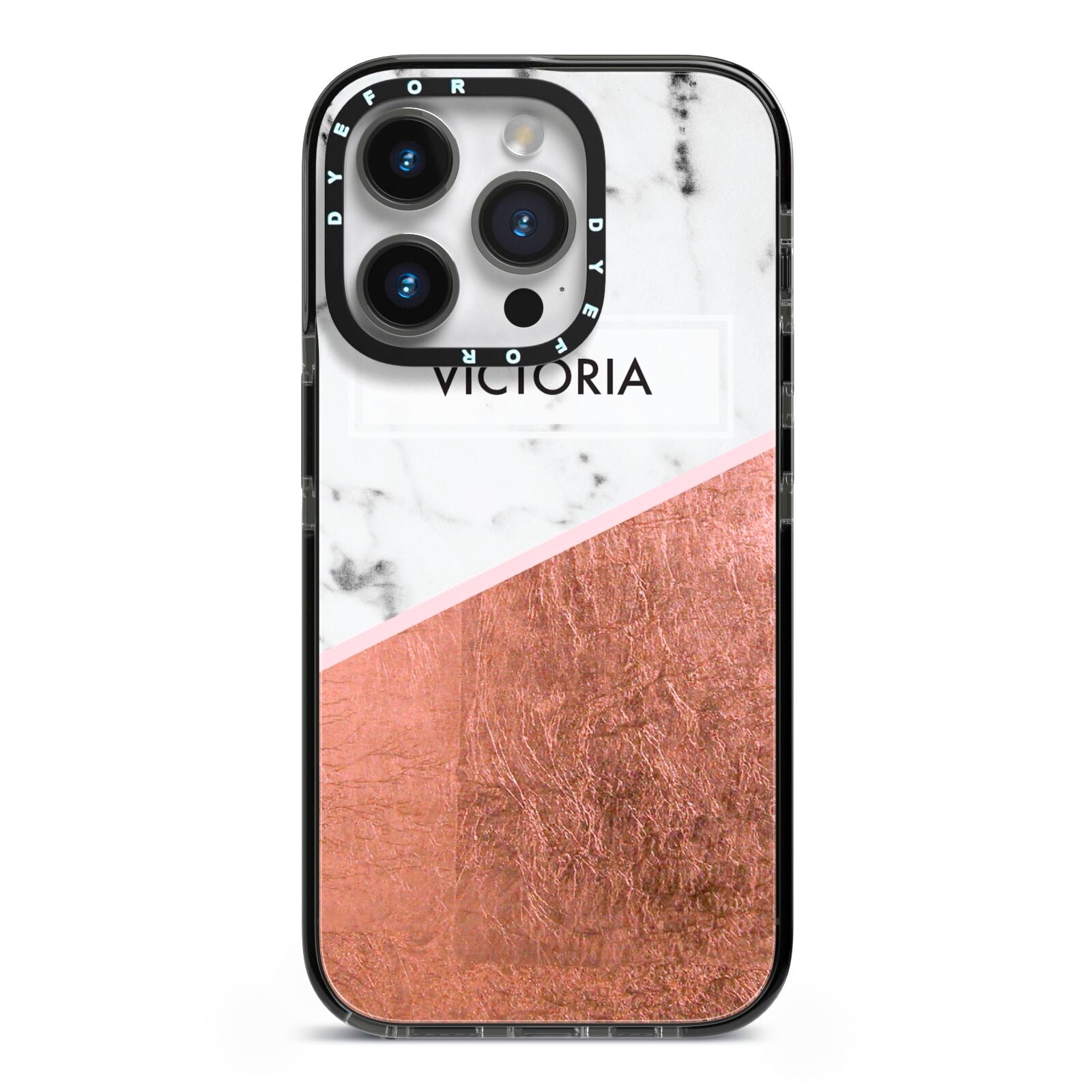 Personalised Marble Rose Gold Name Initials iPhone 14 Pro Black Impact Case on Silver phone