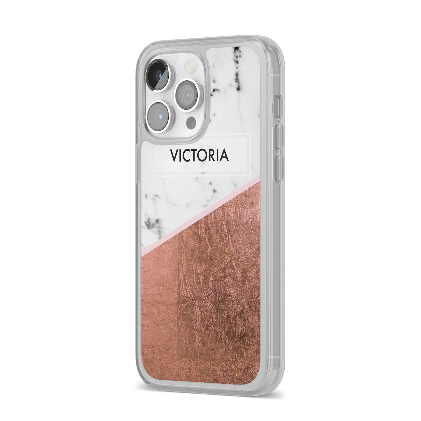 Personalised Marble Rose Gold Name Initials iPhone 14 Pro Max Clear Tough Case Silver Angled Image