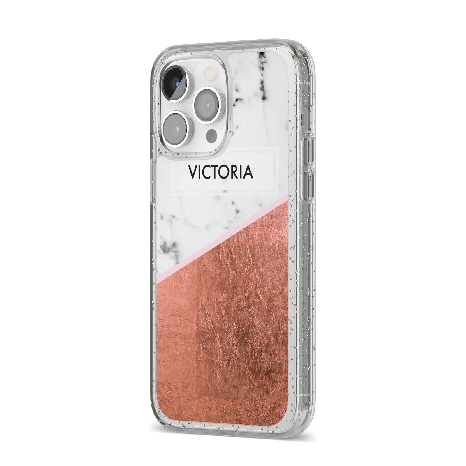 Personalised Marble Rose Gold Name Initials iPhone 14 Pro Max Glitter Tough Case Silver Angled Image