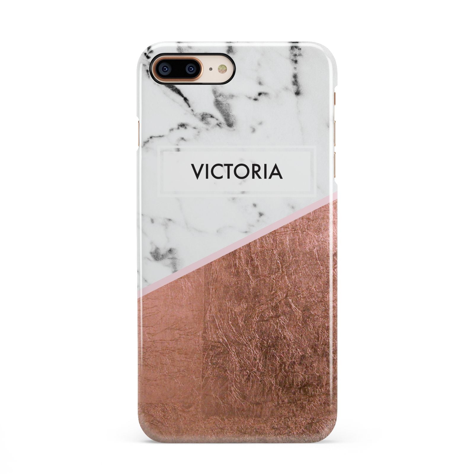 Personalised Marble Rose Gold Name Initials iPhone 8 Plus 3D Snap Case on Gold Phone