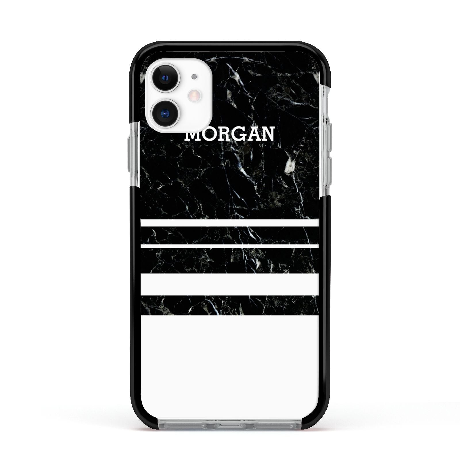 Personalised Marble Stripes Name Initials Apple iPhone 11 in White with Black Impact Case