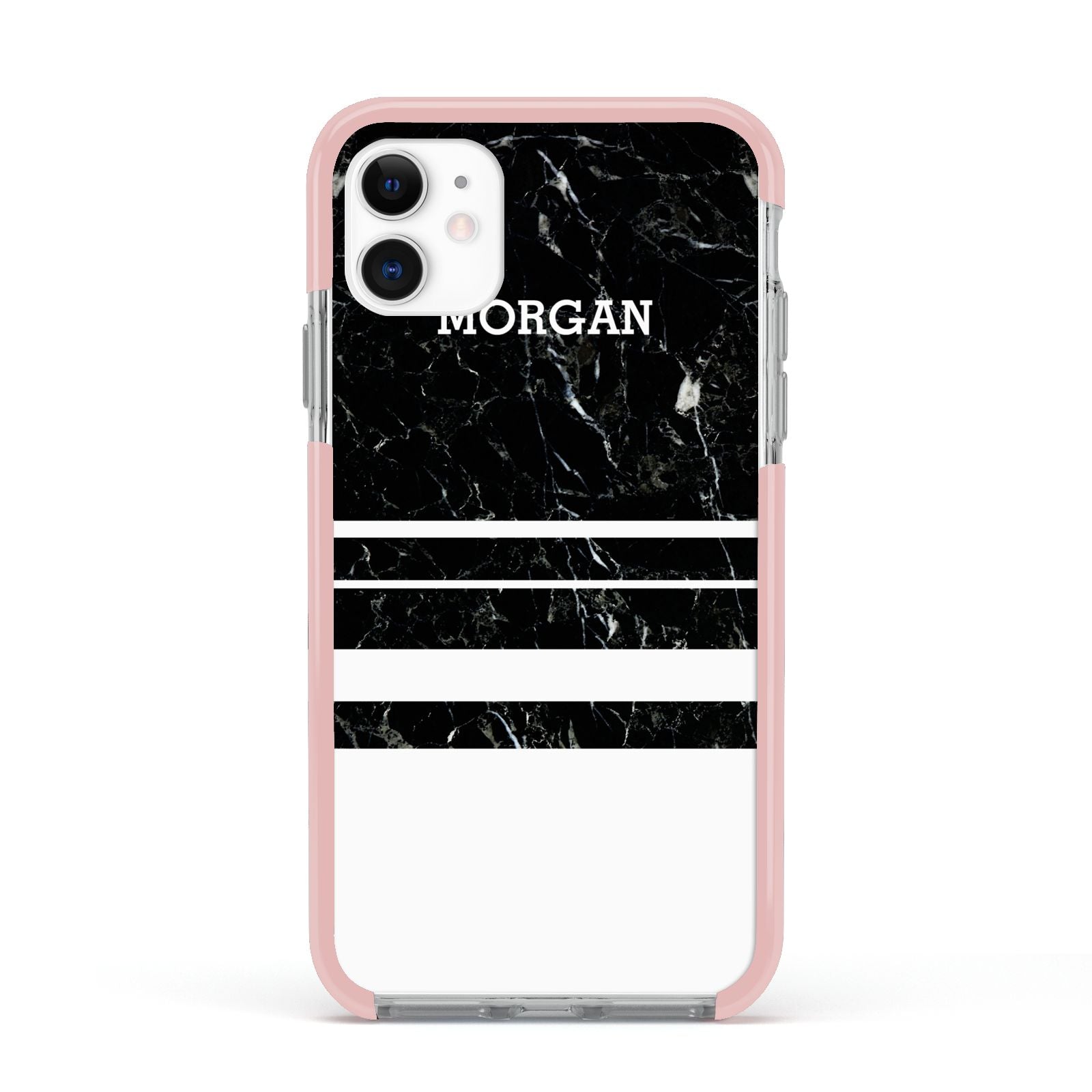 Personalised Marble Stripes Name Initials Apple iPhone 11 in White with Pink Impact Case