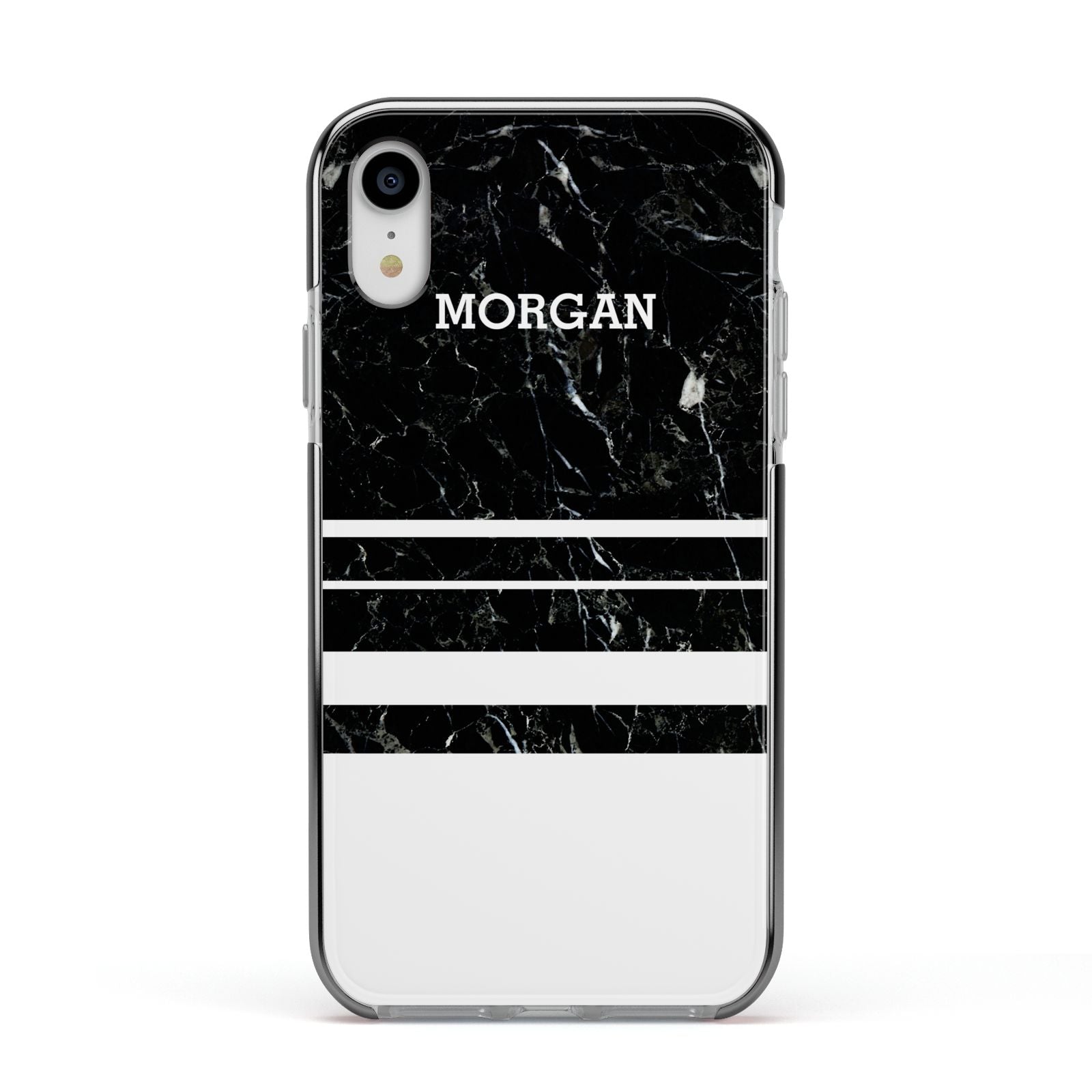 Personalised Marble Stripes Name Initials Apple iPhone XR Impact Case Black Edge on Silver Phone