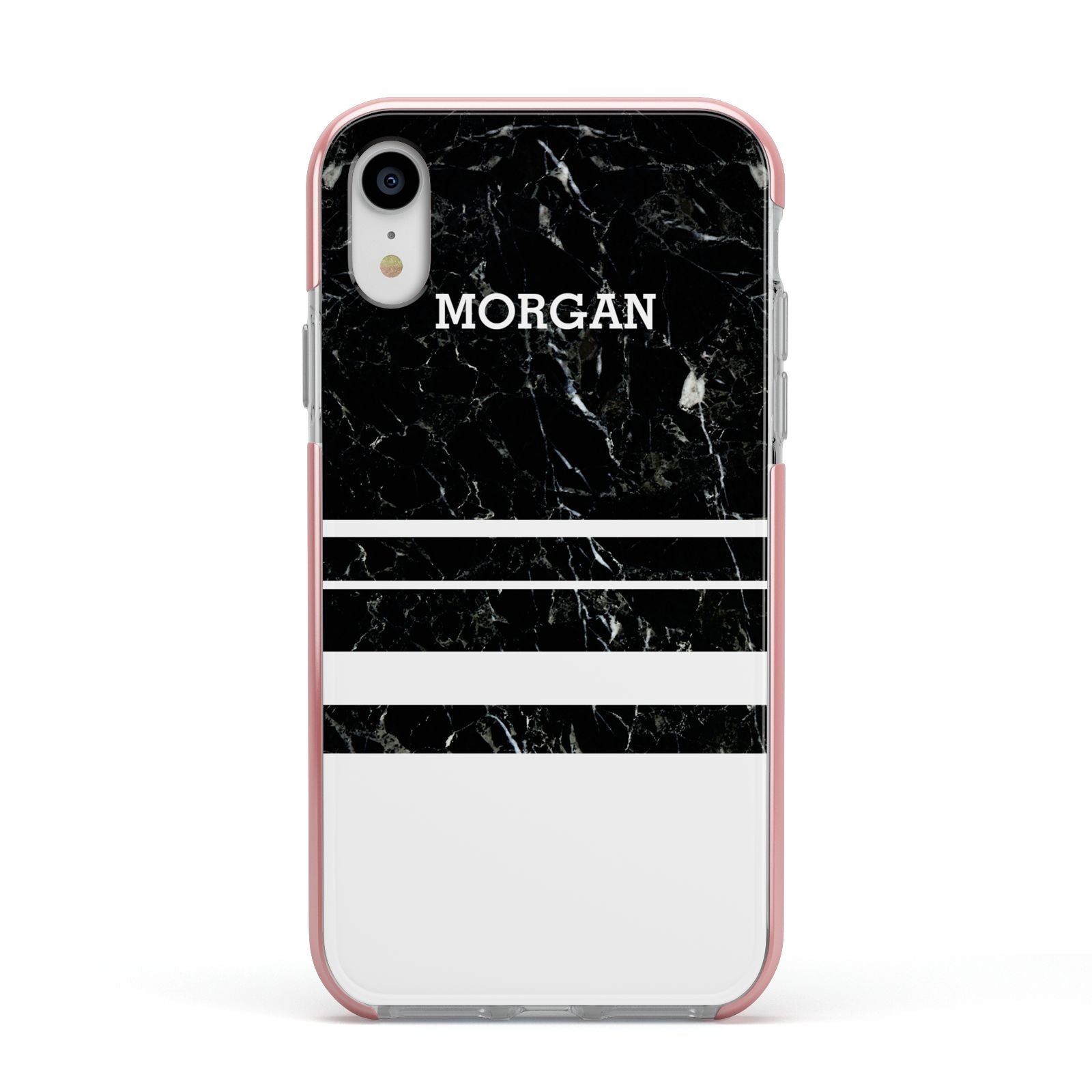 Personalised Marble Stripes Name Initials Apple iPhone XR Impact Case Pink Edge on Silver Phone