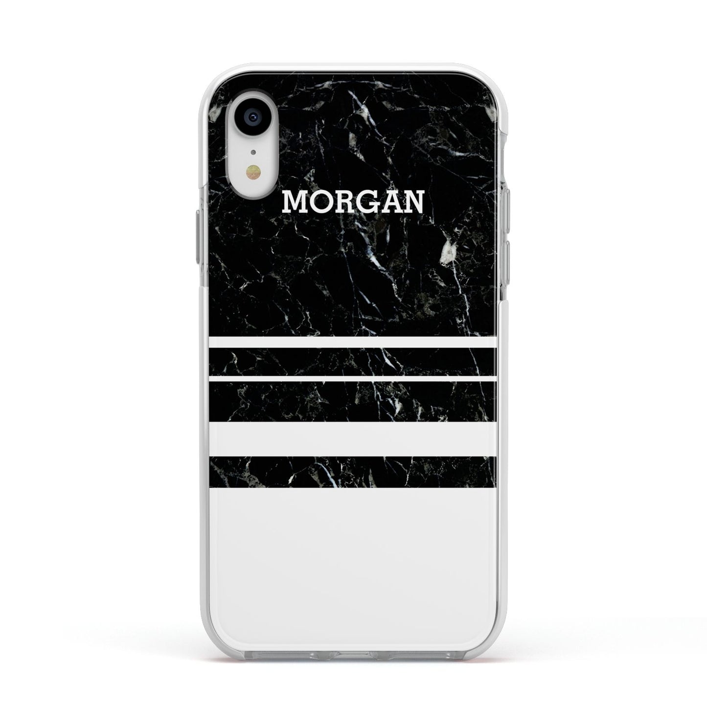 Personalised Marble Stripes Name Initials Apple iPhone XR Impact Case White Edge on Silver Phone