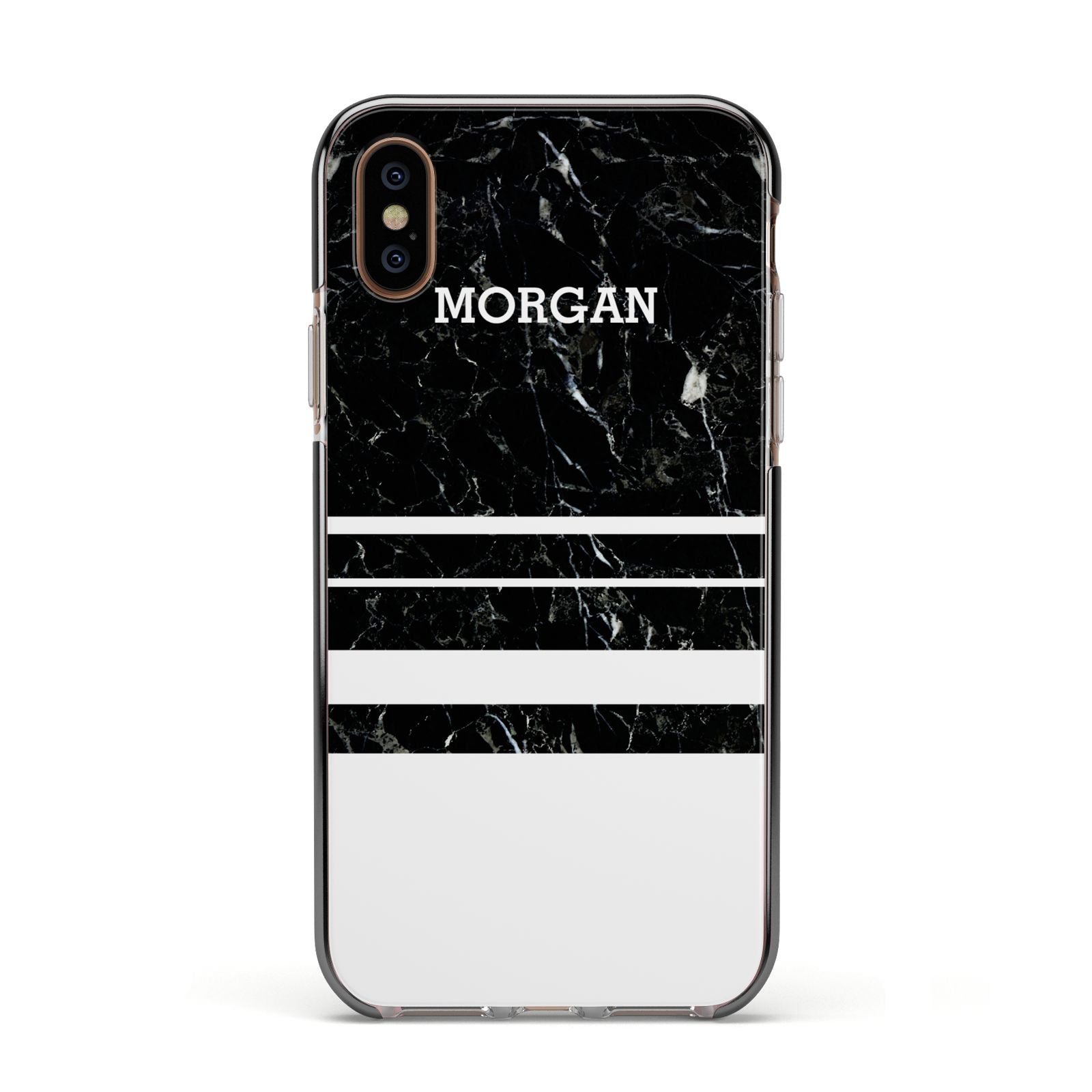 Personalised Marble Stripes Name Initials Apple iPhone Xs Impact Case Black Edge on Gold Phone