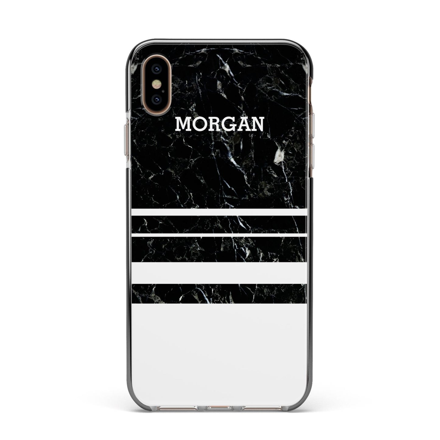 Personalised Marble Stripes Name Initials Apple iPhone Xs Max Impact Case Black Edge on Gold Phone