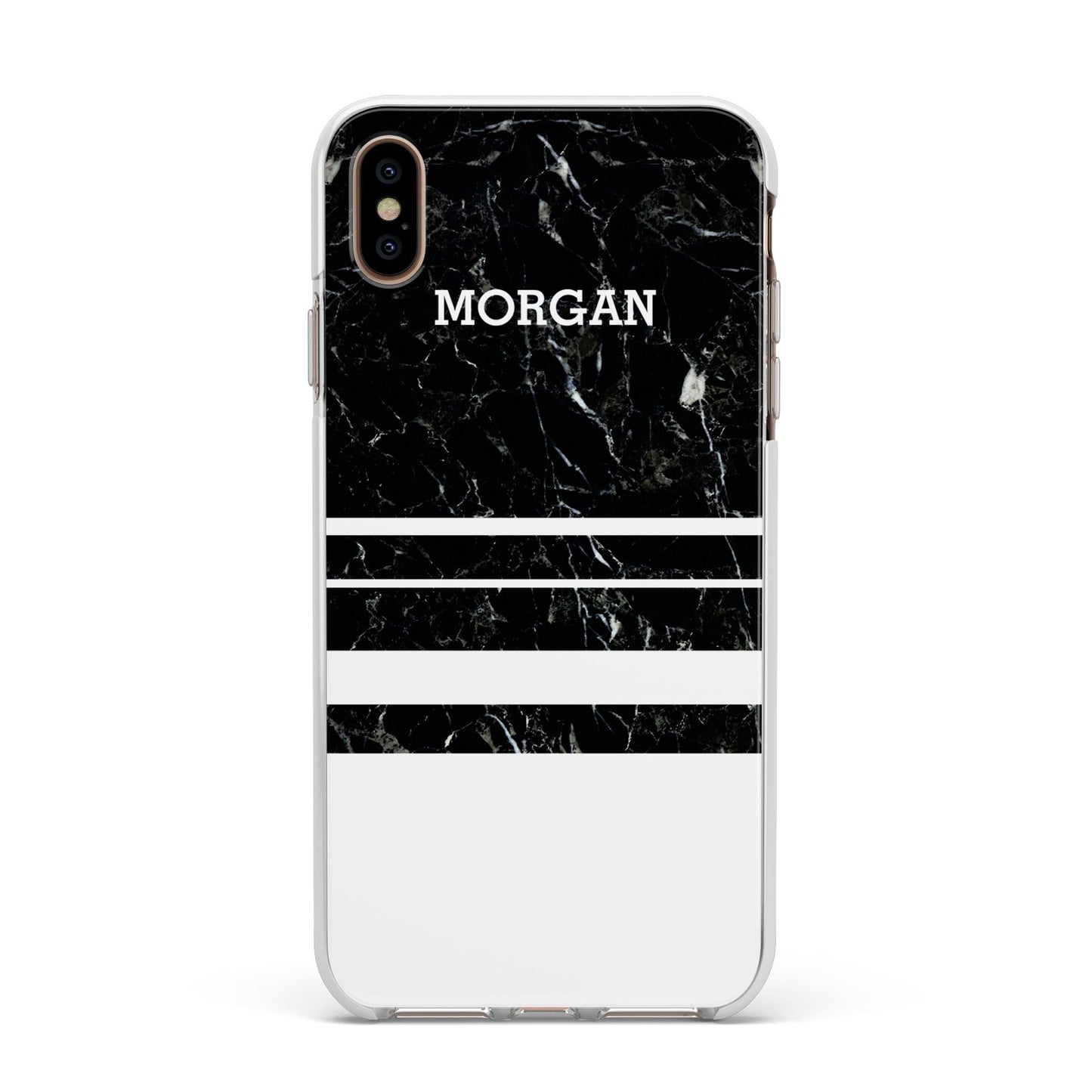 Personalised Marble Stripes Name Initials Apple iPhone Xs Max Impact Case White Edge on Gold Phone