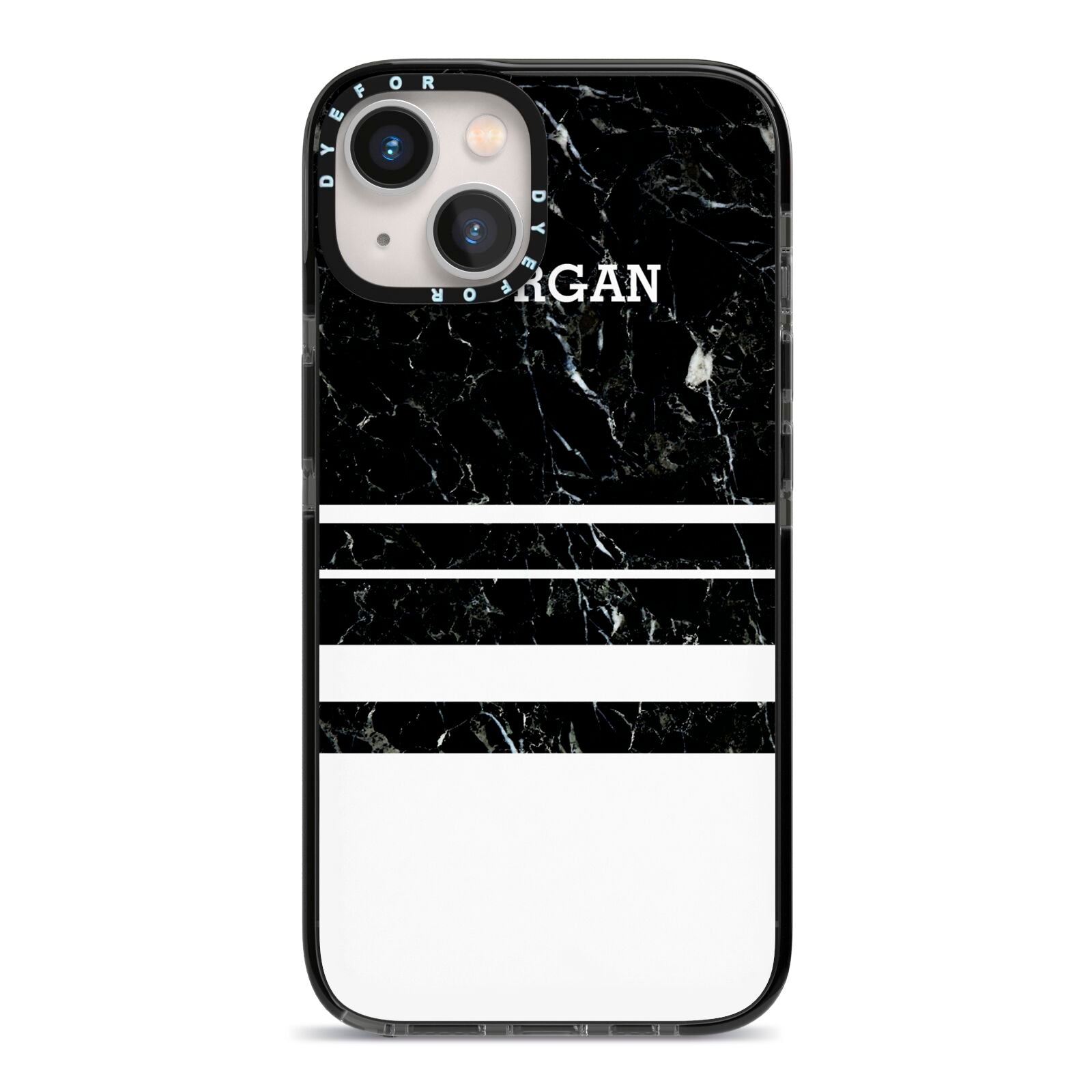 Personalised Marble Stripes Name Initials iPhone 13 Black Impact Case on Silver phone