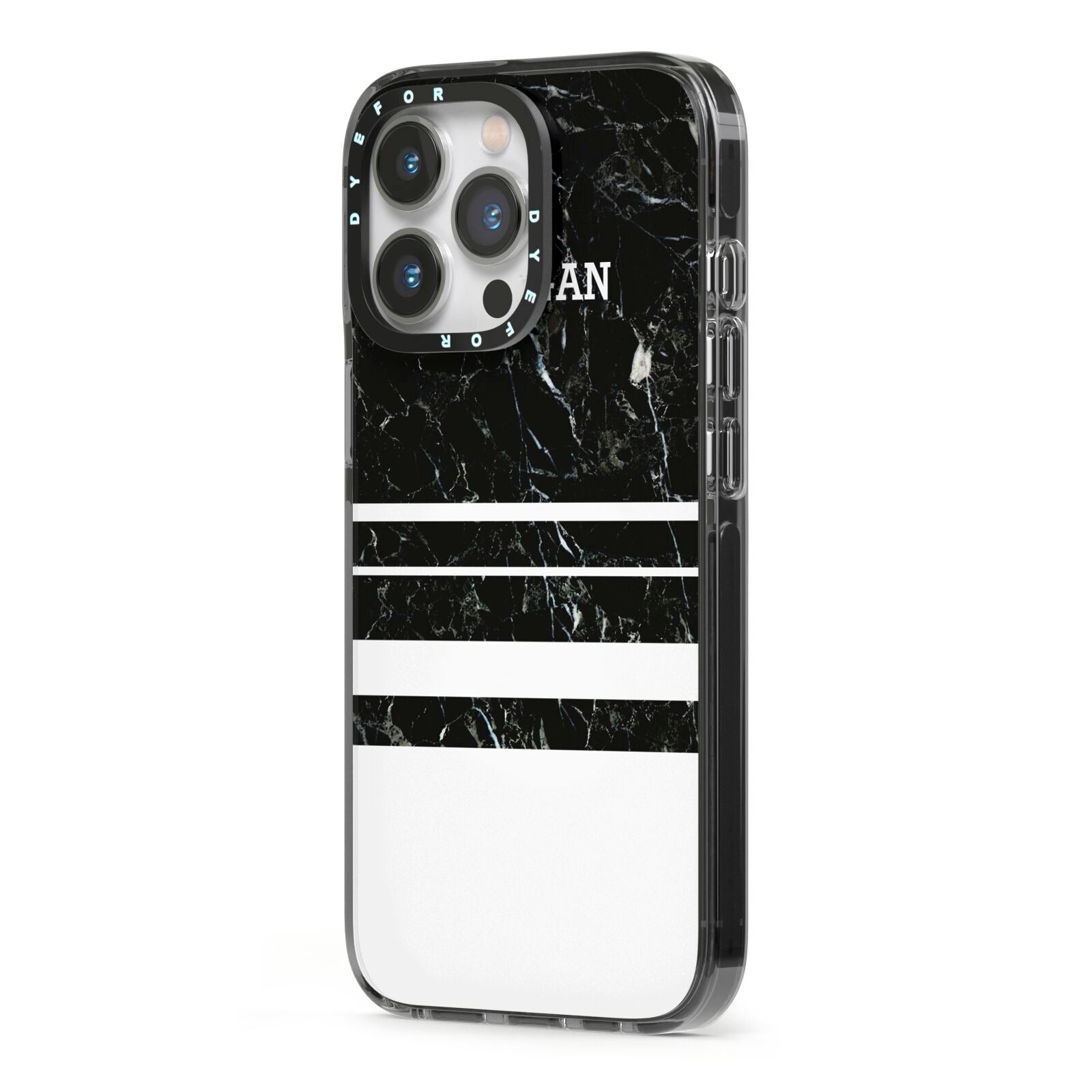 Personalised Marble Stripes Name Initials iPhone 13 Pro Black Impact Case Side Angle on Silver phone