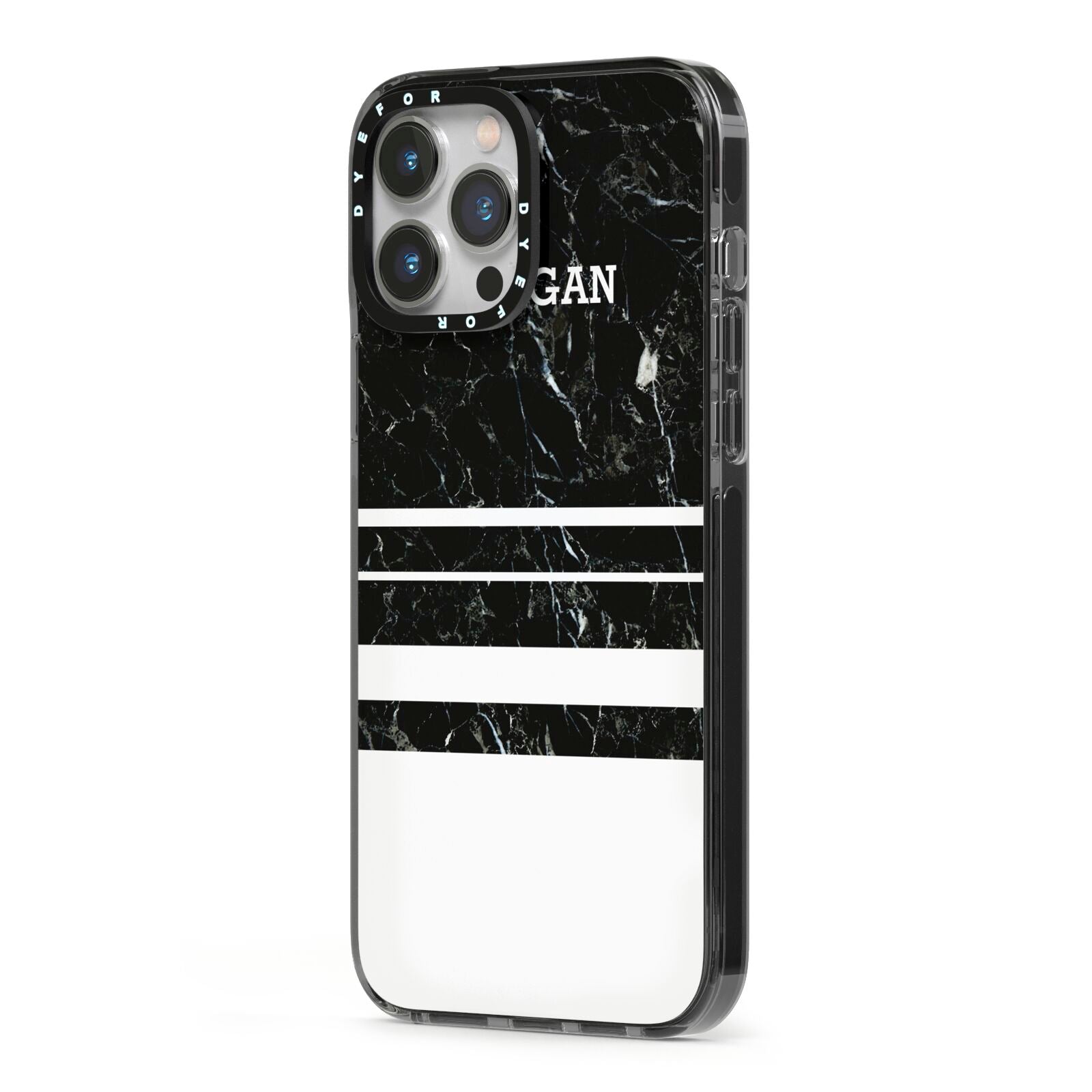 Personalised Marble Stripes Name Initials iPhone 13 Pro Max Black Impact Case Side Angle on Silver phone