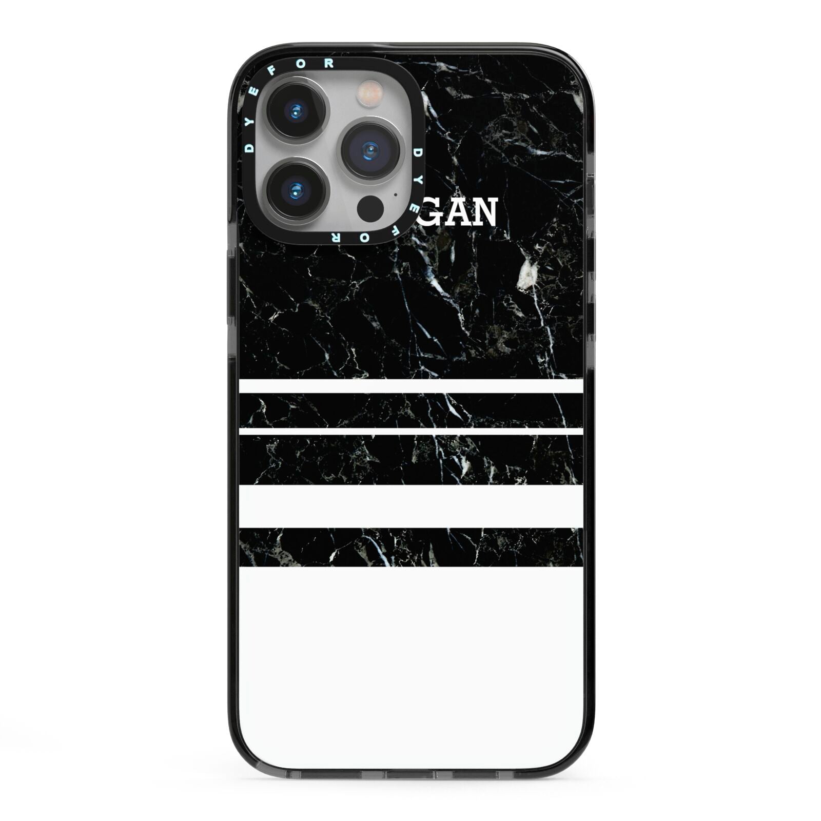 Personalised Marble Stripes Name Initials iPhone 13 Pro Max Black Impact Case on Silver phone