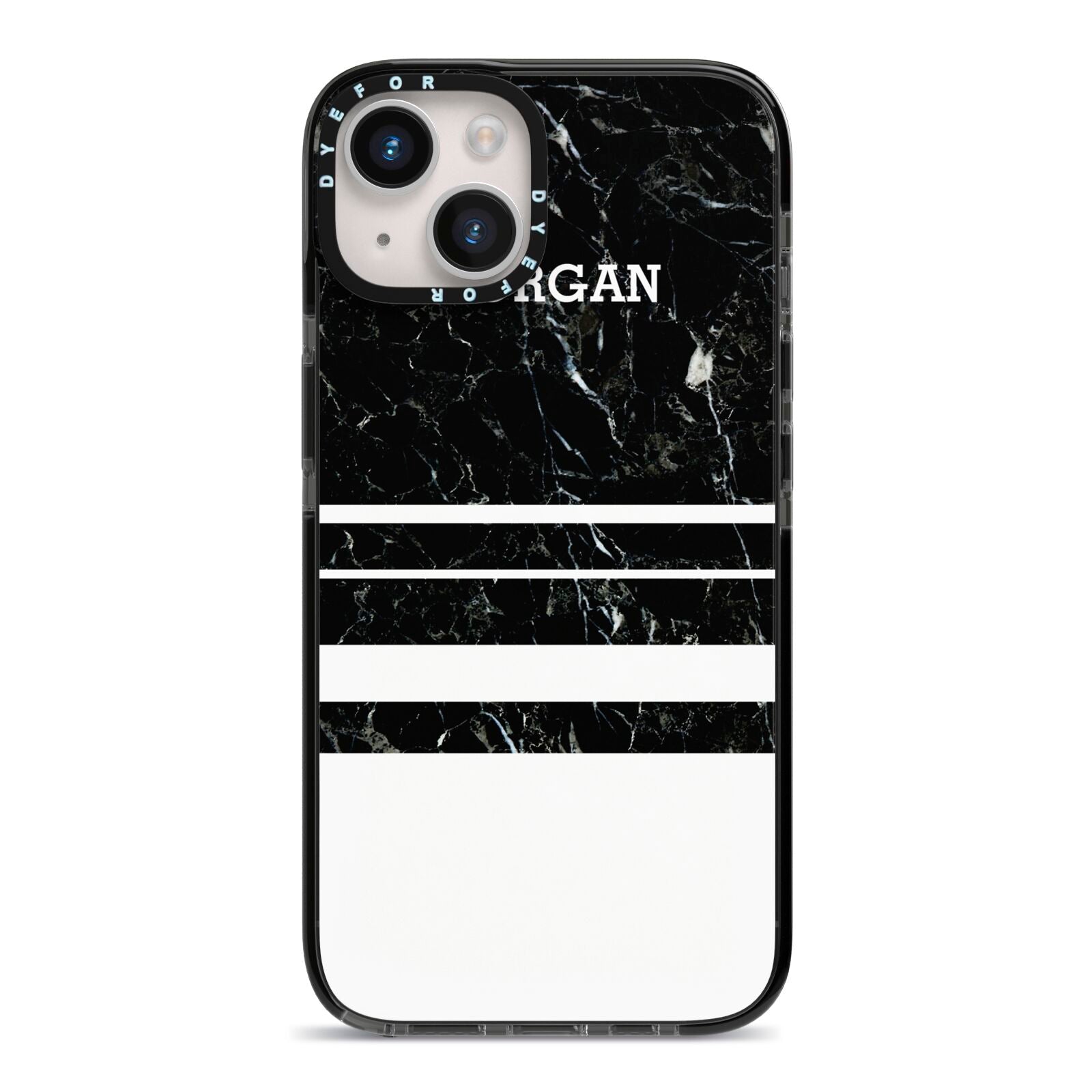 Personalised Marble Stripes Name Initials iPhone 14 Black Impact Case on Silver phone