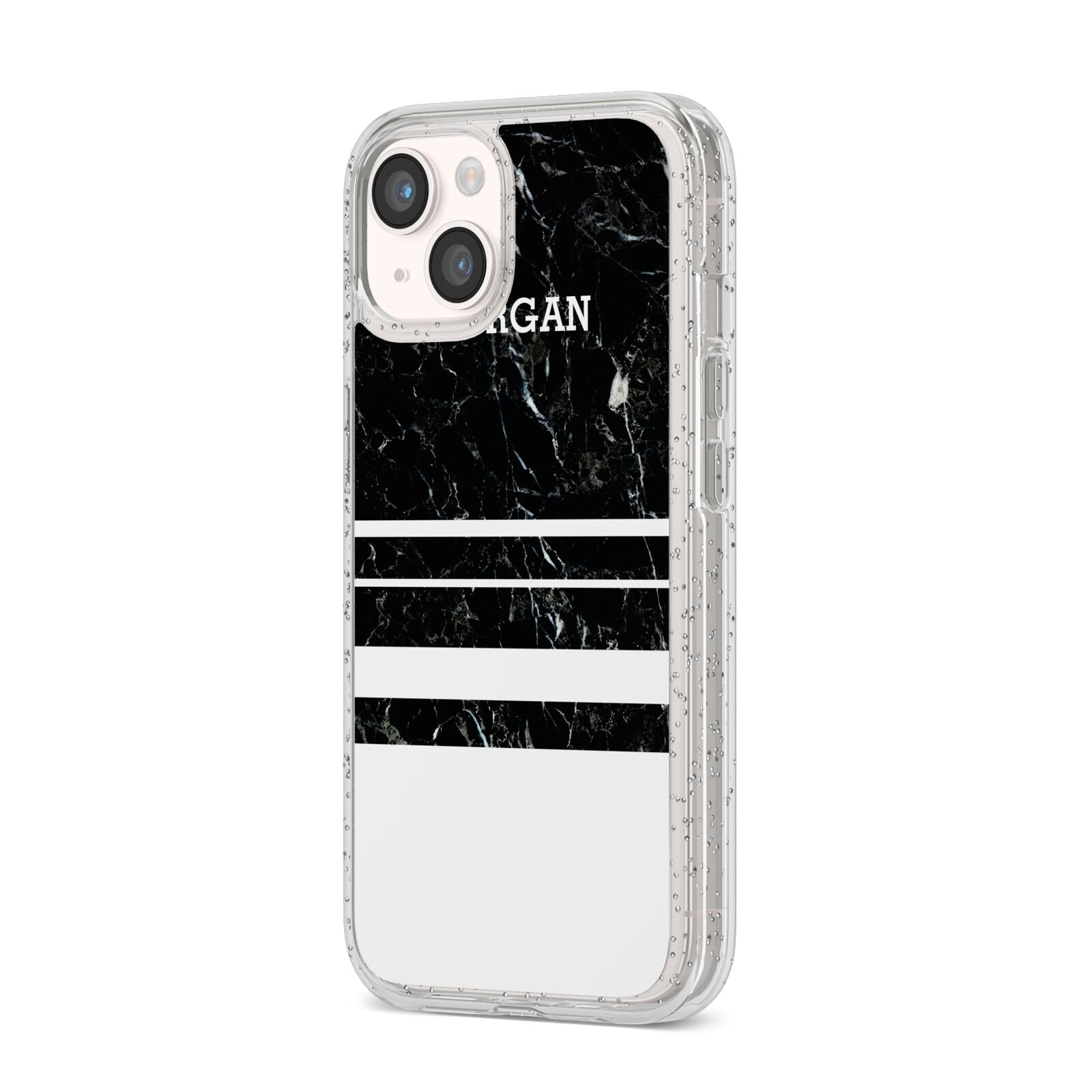 Personalised Marble Stripes Name Initials iPhone 14 Glitter Tough Case Starlight Angled Image