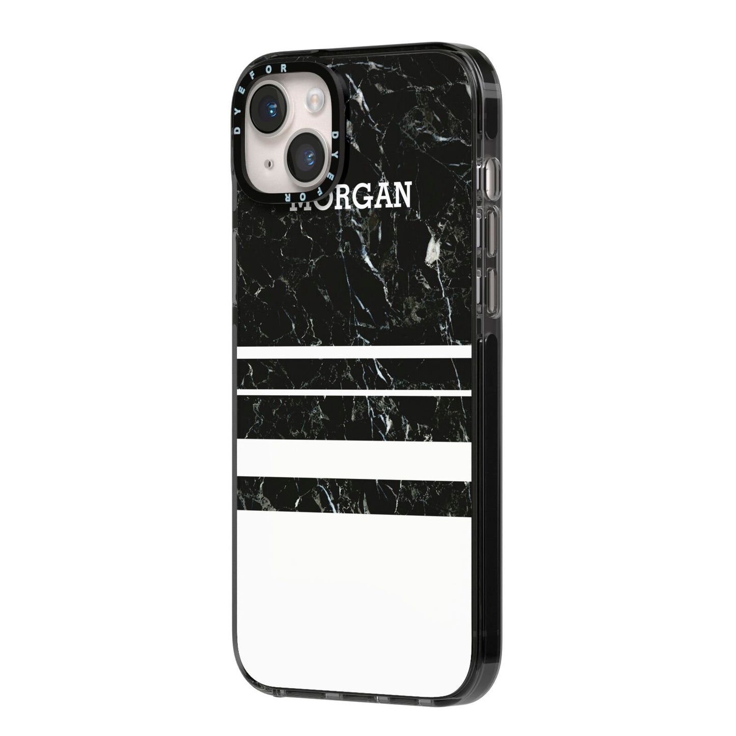 Personalised Marble Stripes Name Initials iPhone 14 Plus Black Impact Case Side Angle on Silver phone