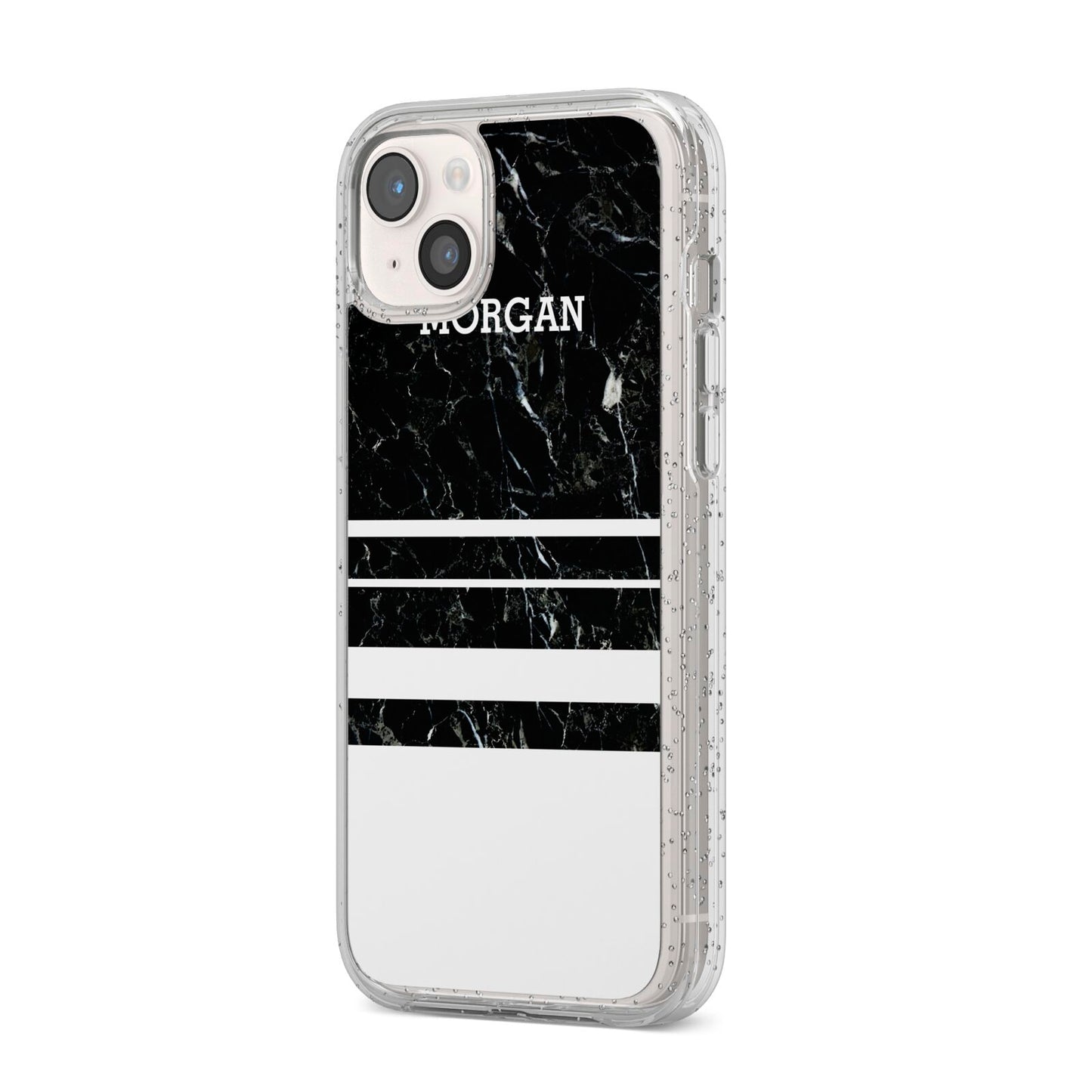 Personalised Marble Stripes Name Initials iPhone 14 Plus Glitter Tough Case Starlight Angled Image