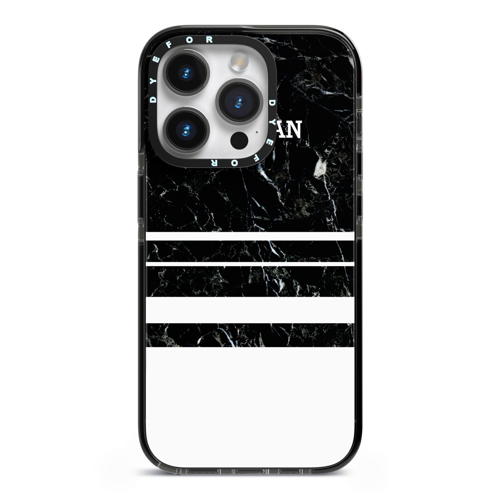 Personalised Marble Stripes Name Initials iPhone 14 Pro Black Impact Case on Silver phone