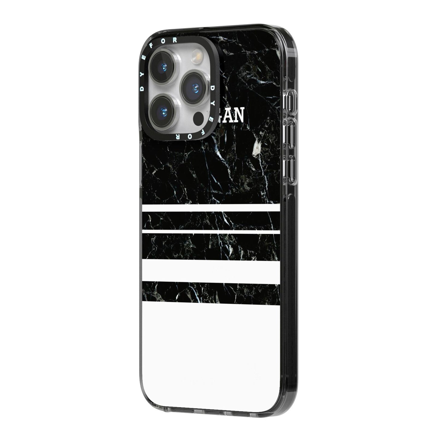 Personalised Marble Stripes Name Initials iPhone 14 Pro Max Black Impact Case Side Angle on Silver phone