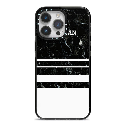 Personalised Marble Stripes Name Initials iPhone 14 Pro Max Black Impact Case on Silver phone