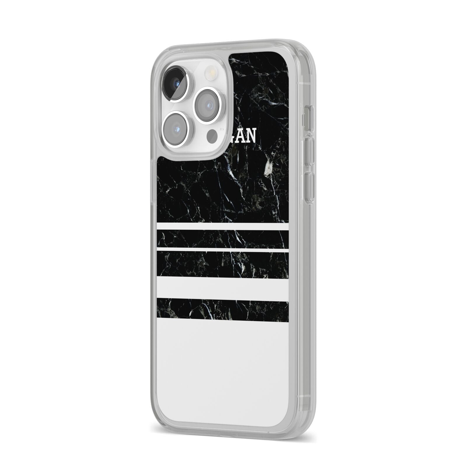 Personalised Marble Stripes Name Initials iPhone 14 Pro Max Clear Tough Case Silver Angled Image
