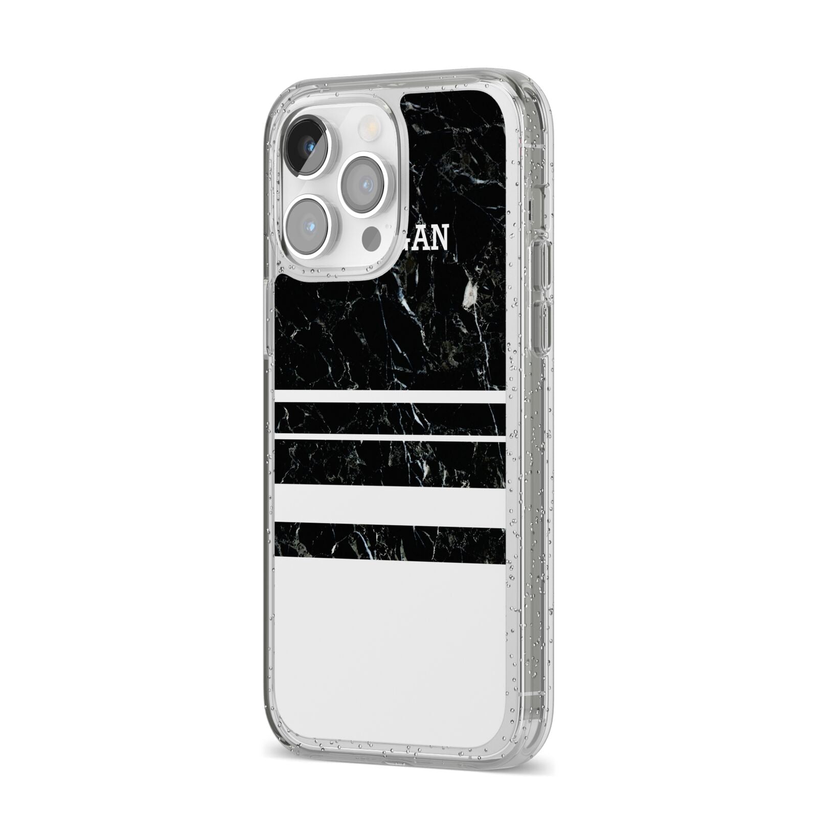 Personalised Marble Stripes Name Initials iPhone 14 Pro Max Glitter Tough Case Silver Angled Image
