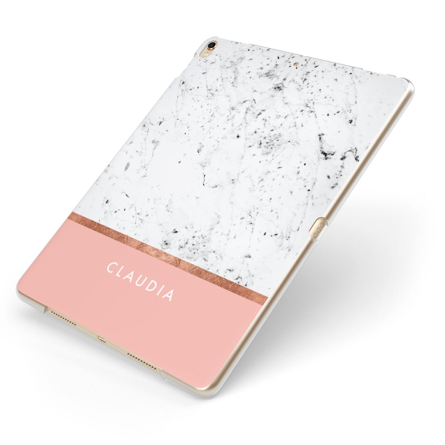 Personalised Marble With Name Initials Pink Apple iPad Case on Gold iPad Side View