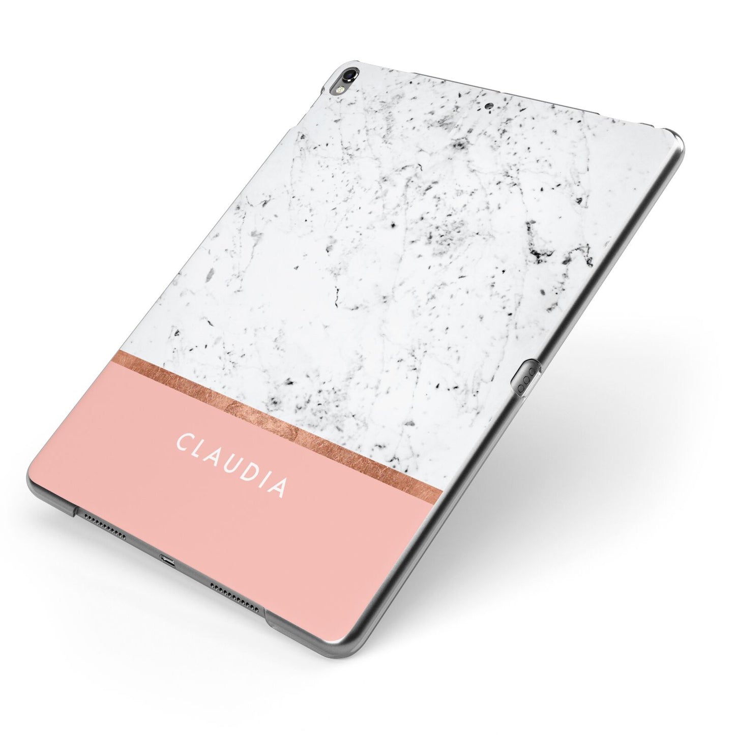 Personalised Marble With Name Initials Pink Apple iPad Case on Grey iPad Side View