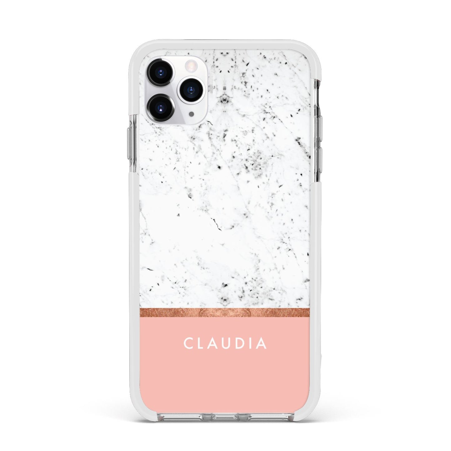 Personalised Marble With Name Initials Pink Apple iPhone 11 Pro Max in Silver with White Impact Case