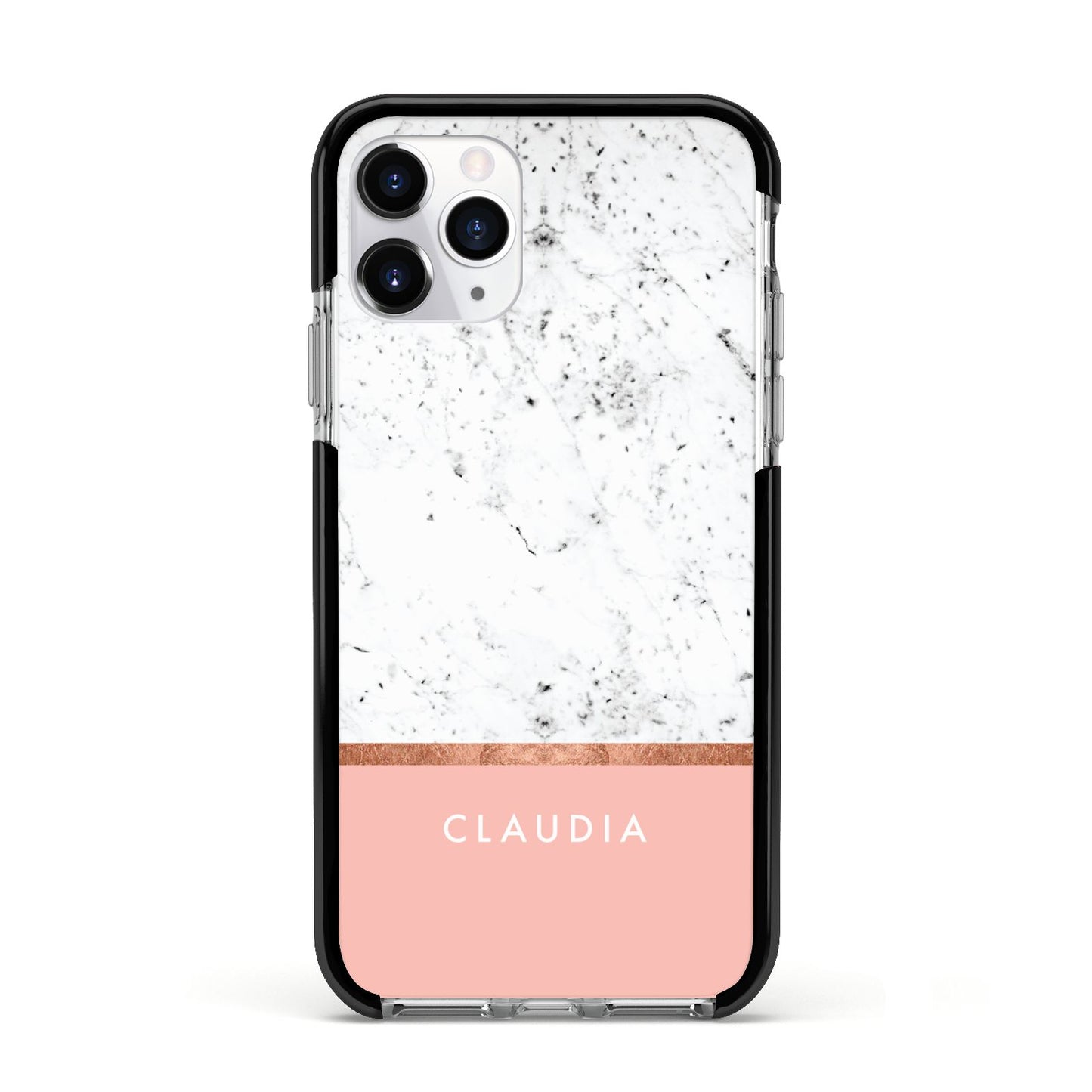 Personalised Marble With Name Initials Pink Apple iPhone 11 Pro in Silver with Black Impact Case