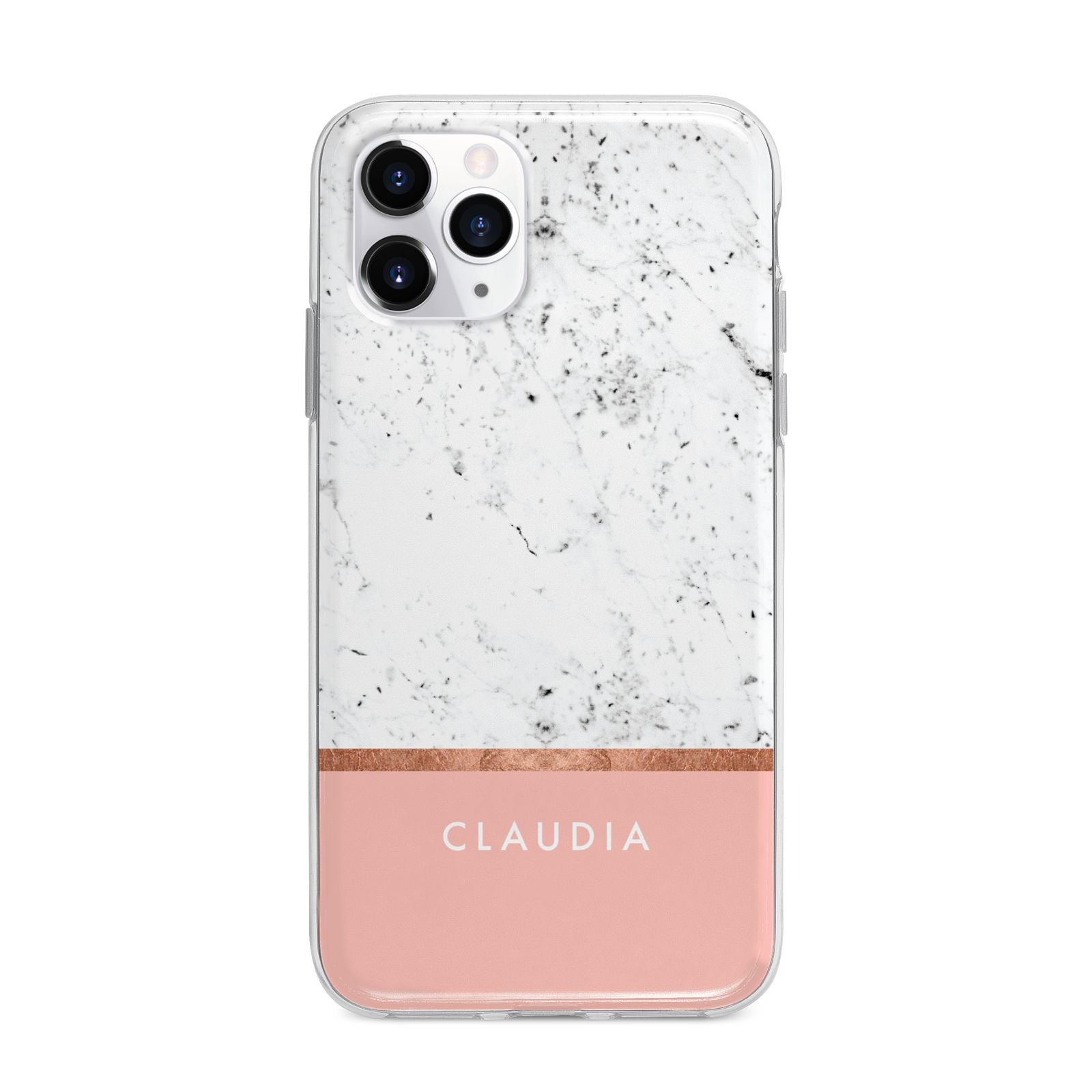Personalised Marble With Name Initials Pink Apple iPhone 11 Pro in Silver with Bumper Case