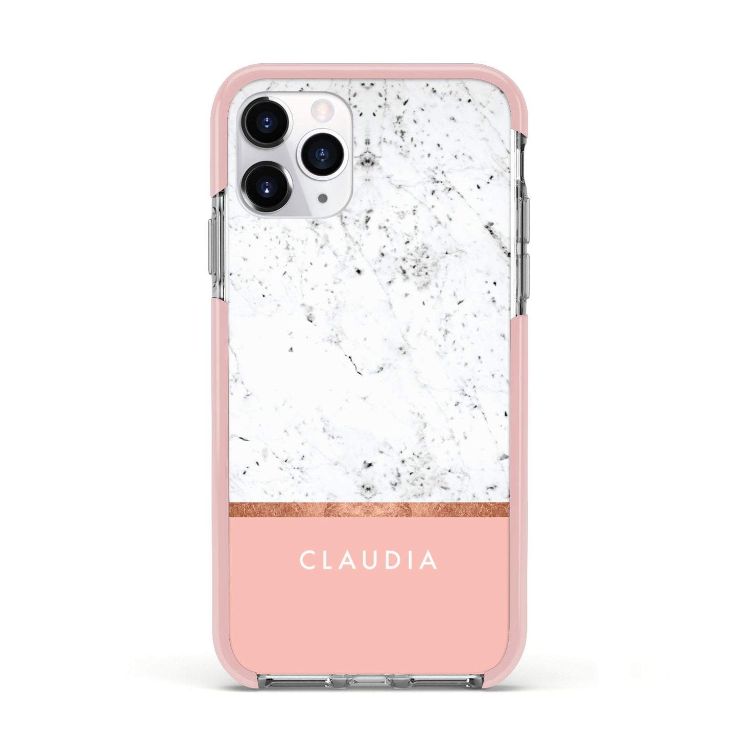 Personalised Marble With Name Initials Pink Apple iPhone 11 Pro in Silver with Pink Impact Case