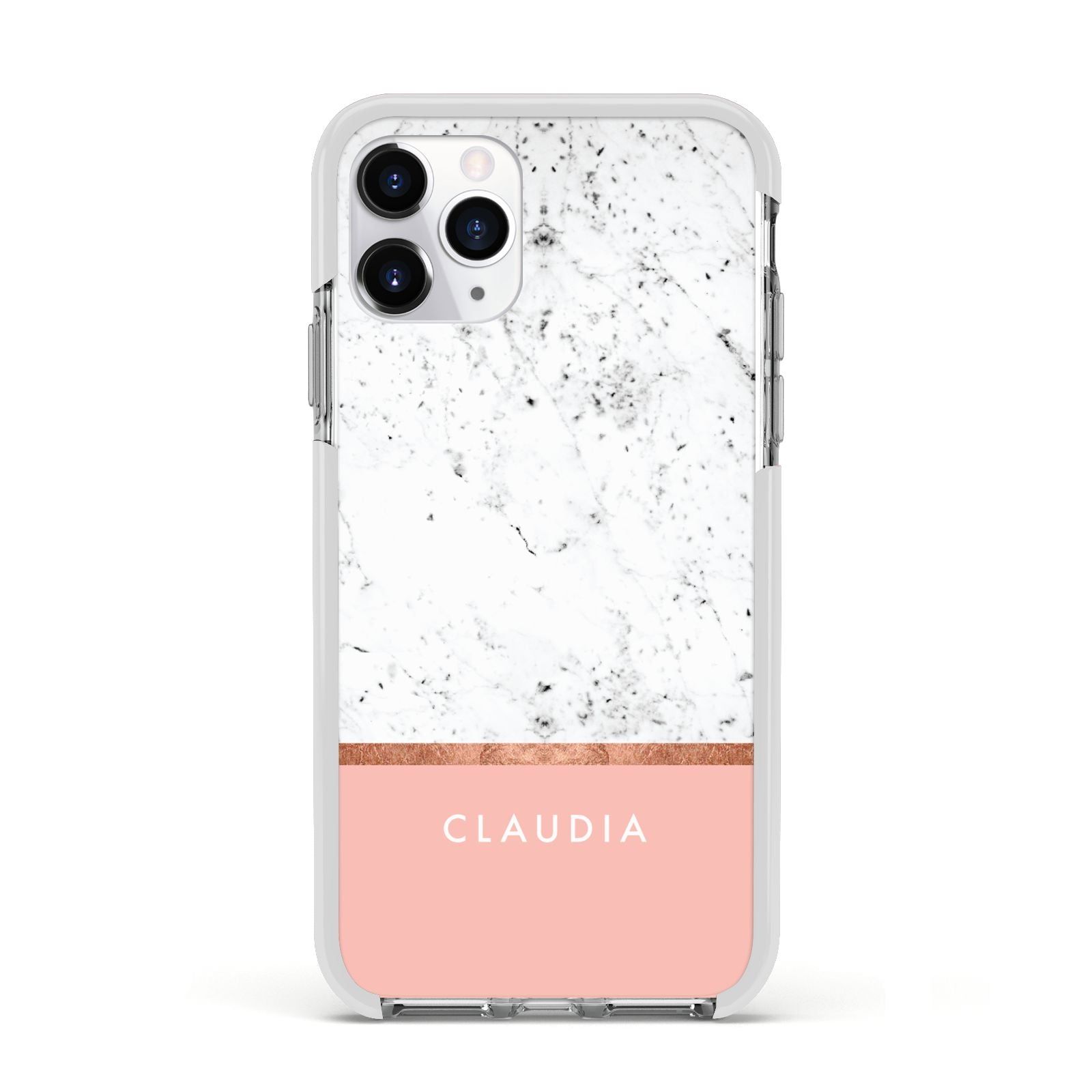 Personalised Marble With Name Initials Pink Apple iPhone 11 Pro in Silver with White Impact Case