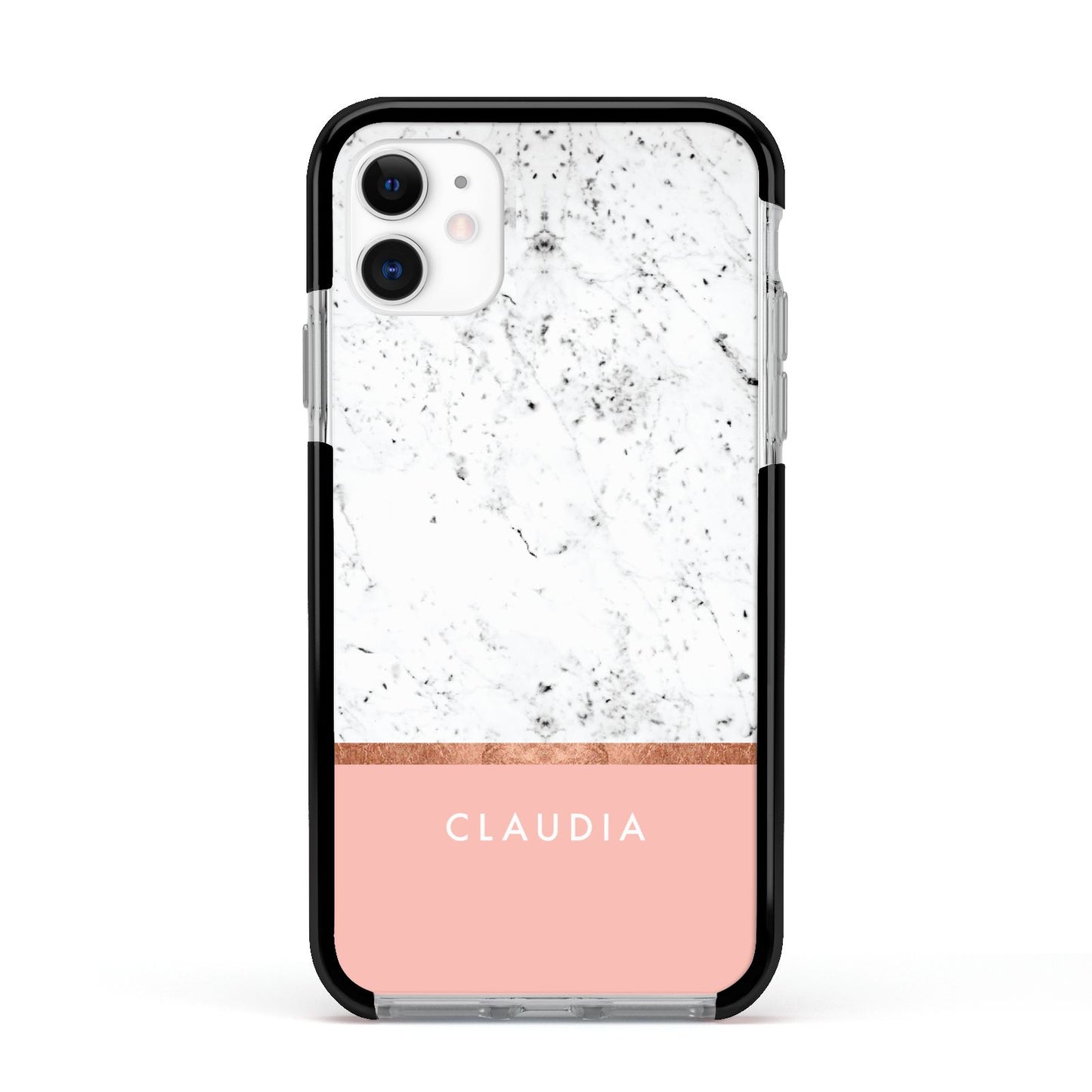Personalised Marble With Name Initials Pink Apple iPhone 11 in White with Black Impact Case
