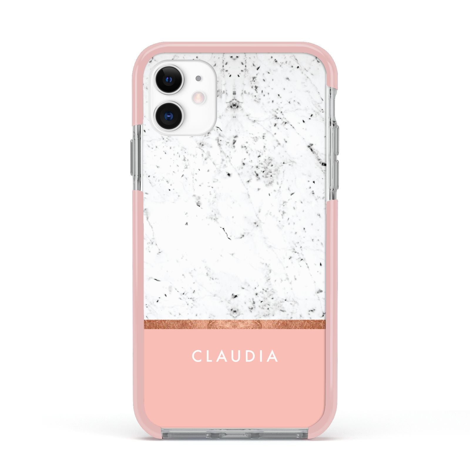 Personalised Marble With Name Initials Pink Apple iPhone 11 in White with Pink Impact Case