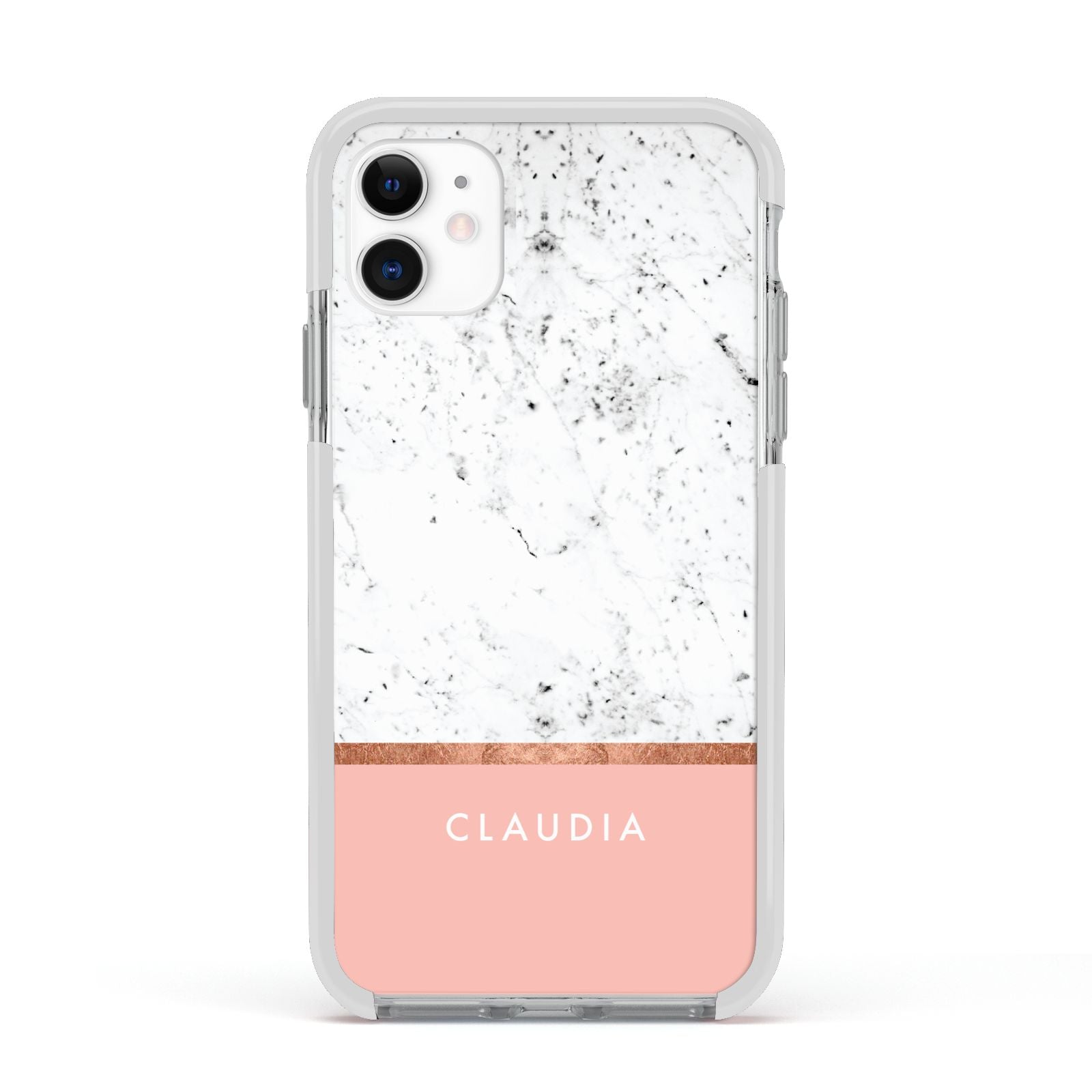 Personalised Marble With Name Initials Pink Apple iPhone 11 in White with White Impact Case