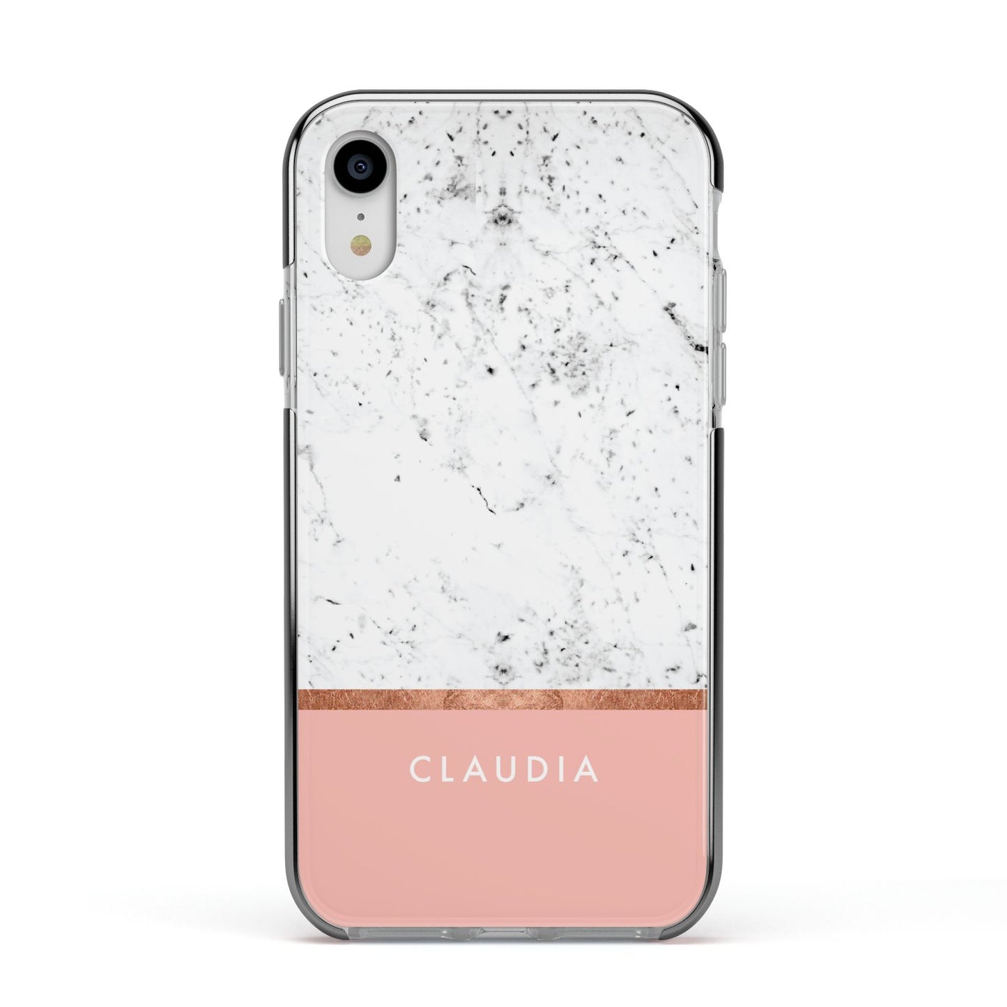 Personalised Marble With Name Initials Pink Apple iPhone XR Impact Case Black Edge on Silver Phone